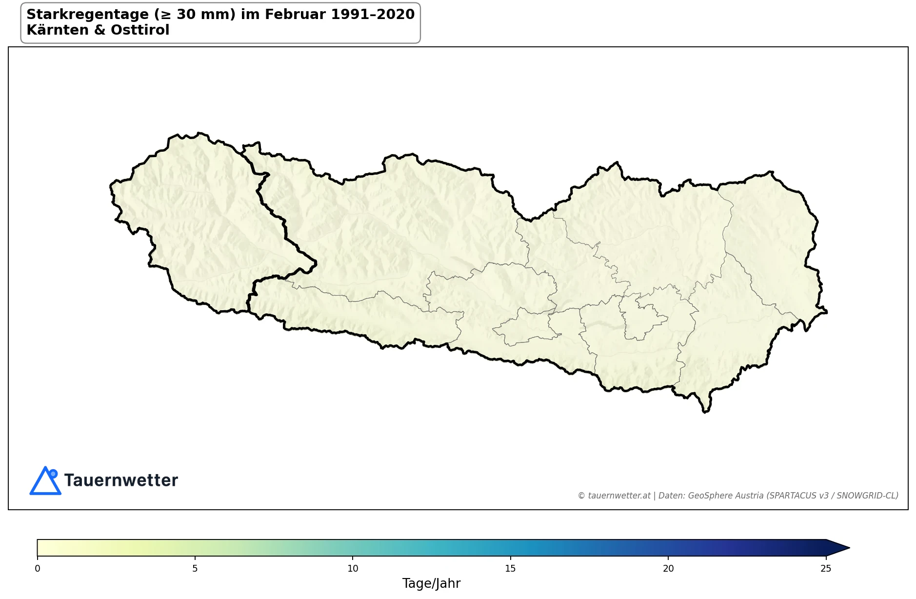 Klimakarte Starkniederschlagstage (≥ 30 mm), Februar 1991–2020 in Kärnten und Osttirol