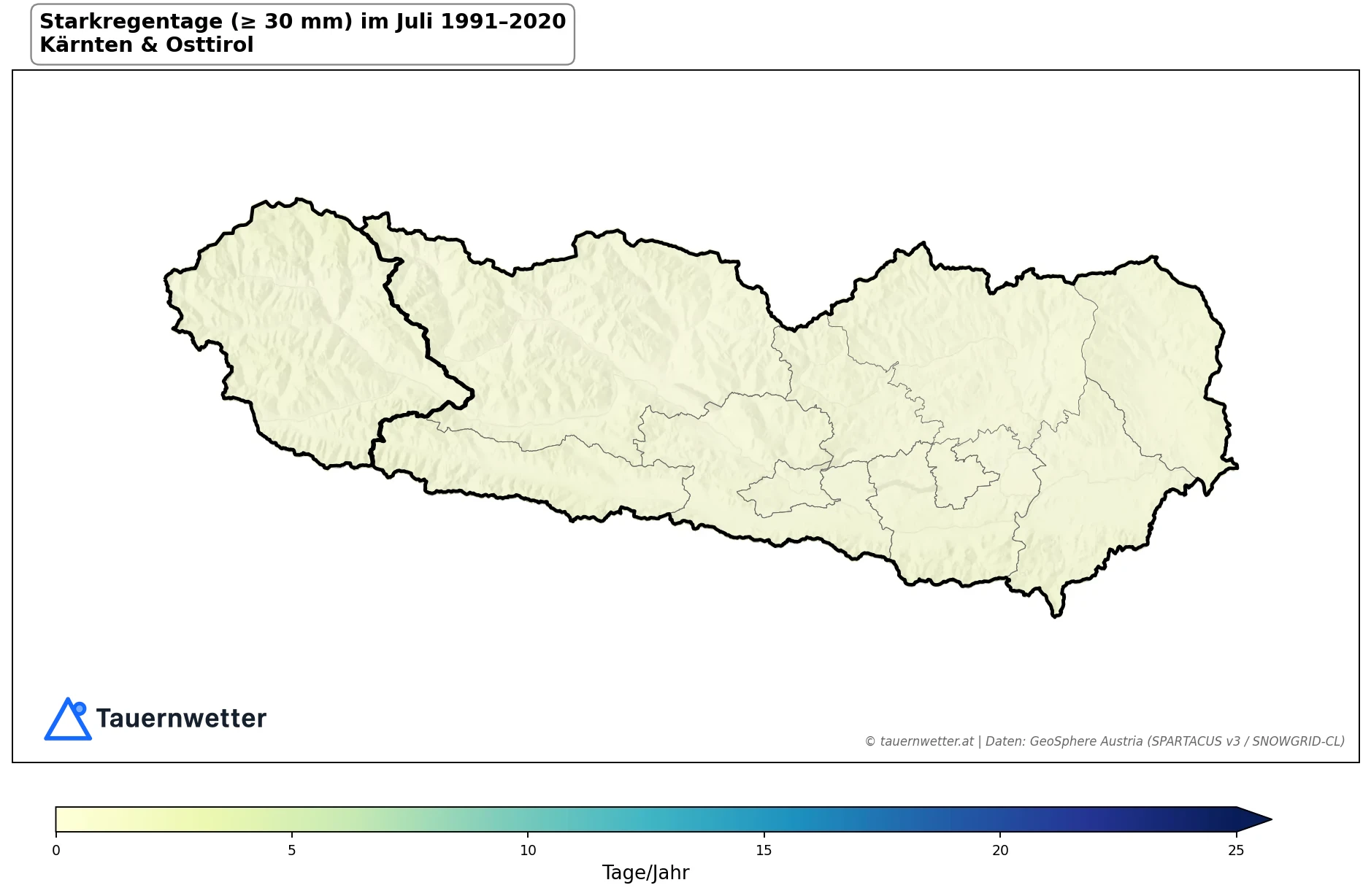 Klimakarte Starkniederschlagstage (≥ 30 mm), Juli 1991–2020 in Kärnten und Osttirol