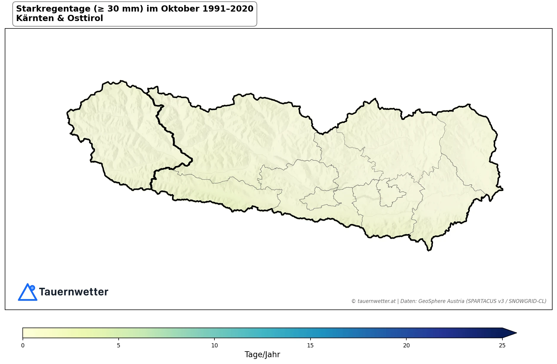 Klimakarte Starkniederschlagstage (≥ 30 mm), Oktober 1991–2020 in Kärnten und Osttirol
