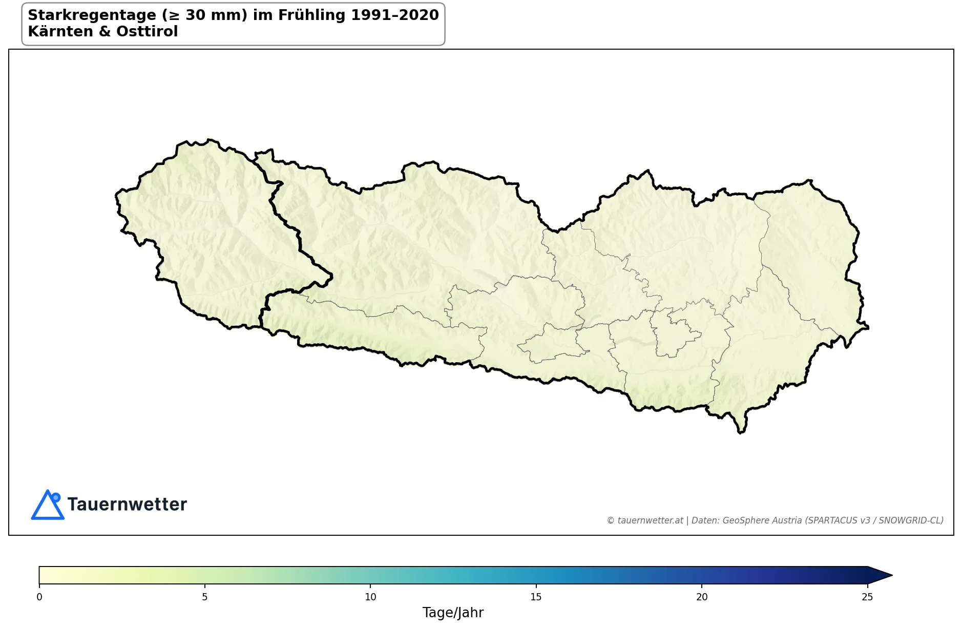 Klimakarte Starkniederschlagstage (≥ 30 mm), Frühling (MAM) 1991–2020 in Kärnten und Osttirol
