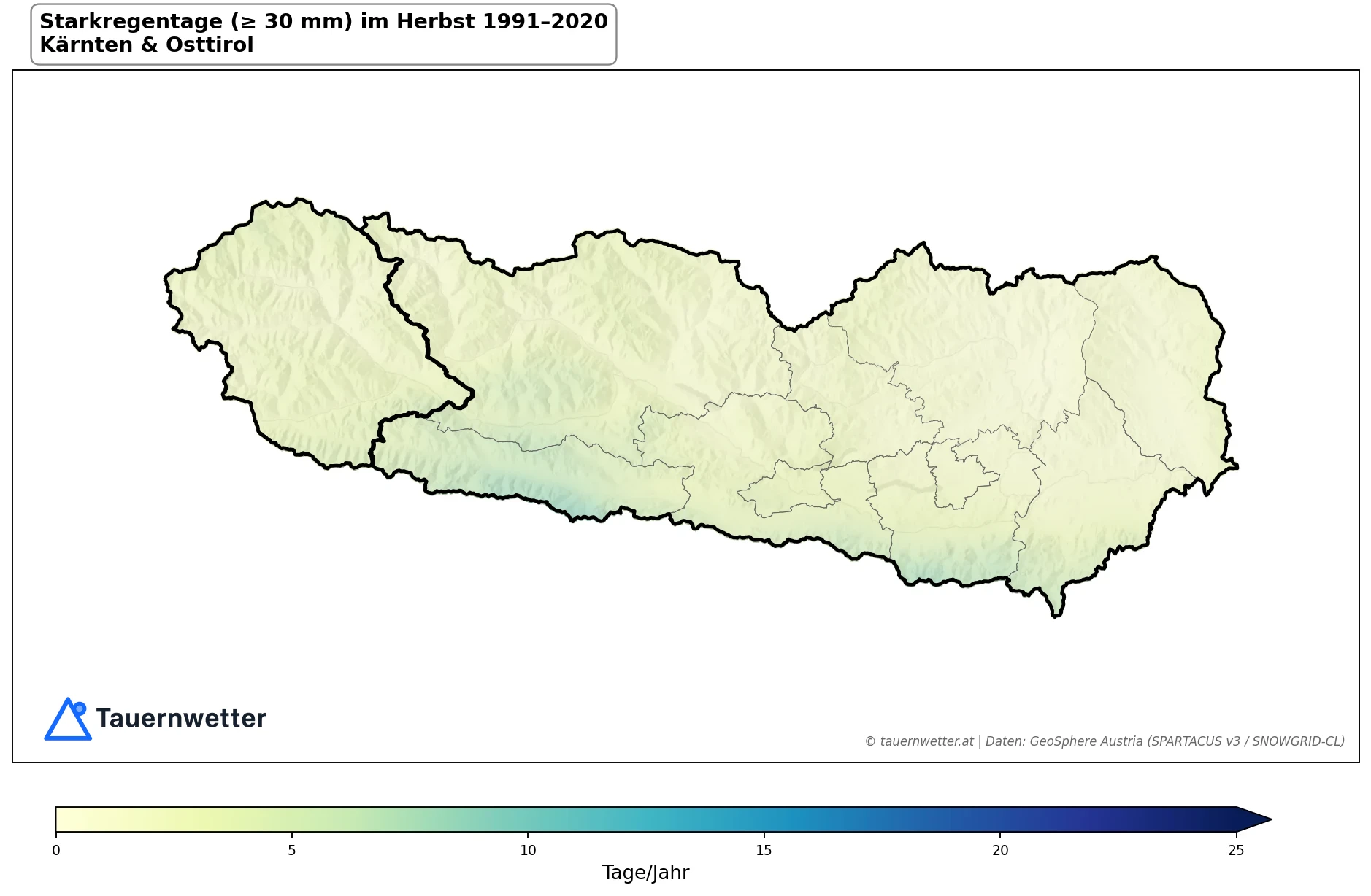 Klimakarte Starkniederschlagstage (≥ 30 mm), Herbst (SON) 1991–2020 in Kärnten und Osttirol