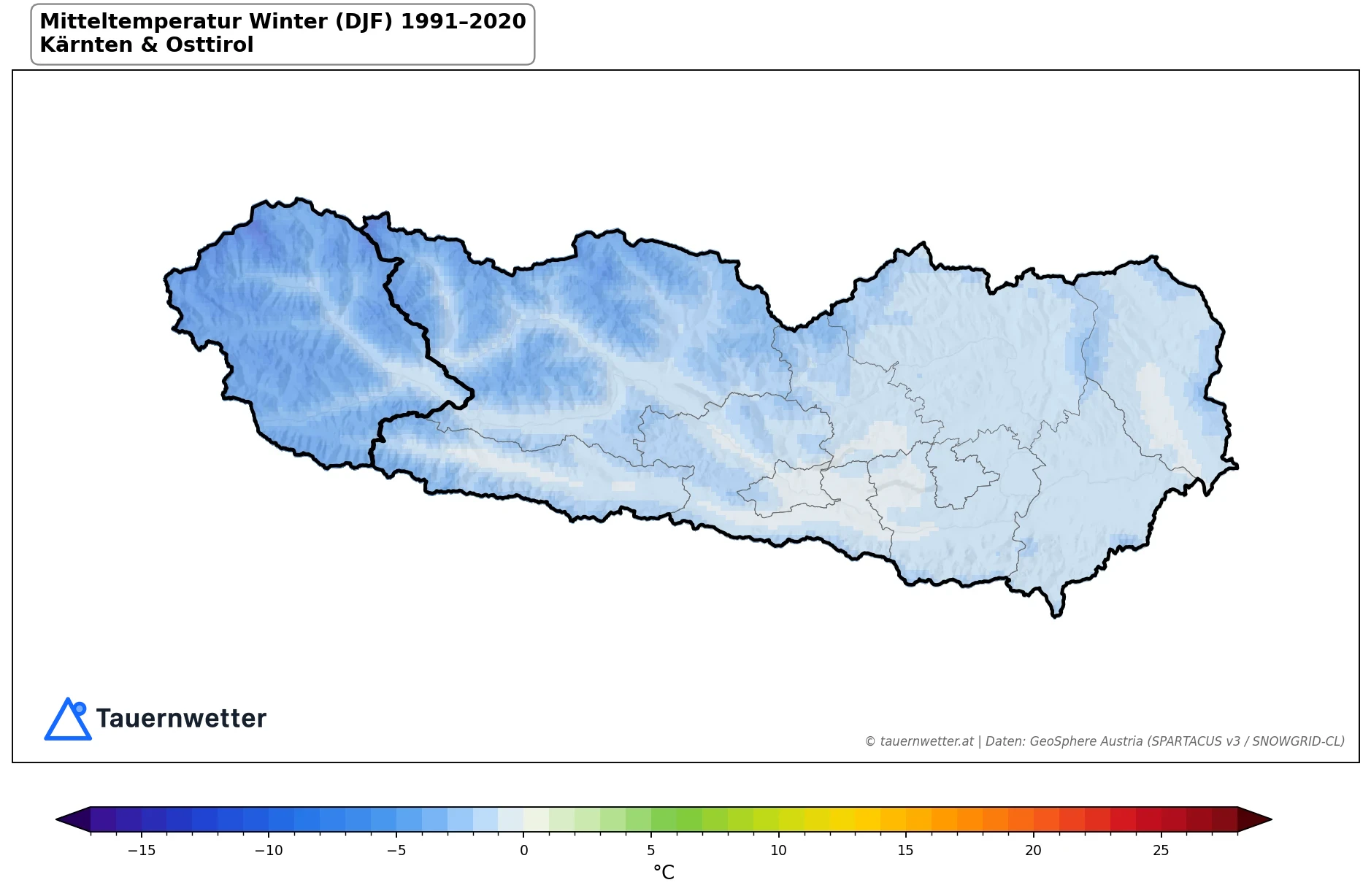 Klimakarte Mitteltemperatur, Winter (DJF) 1991–2020 in Kärnten und Osttirol