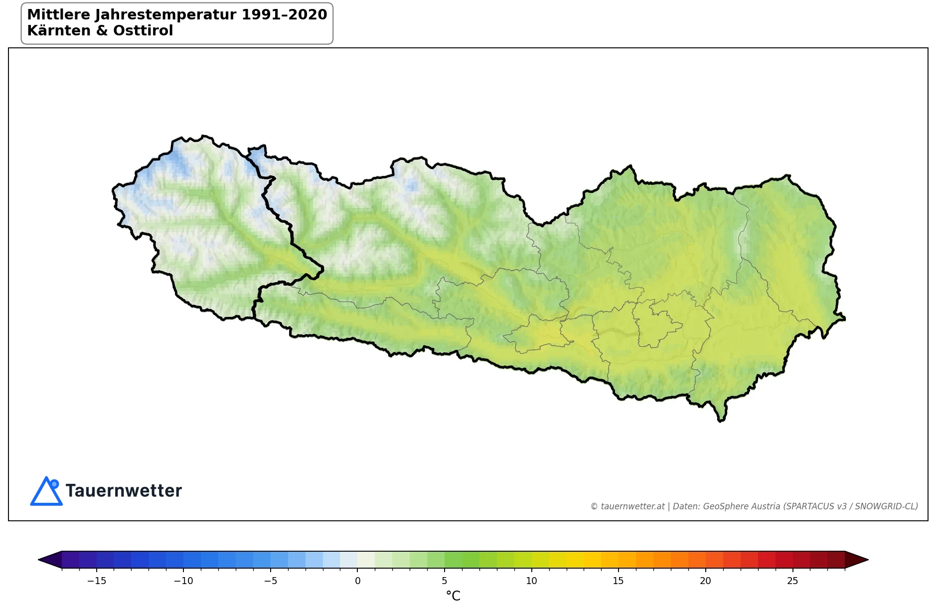Klimakarte Mitteltemperatur, Jahr 1991–2020 in Kärnten und Osttirol