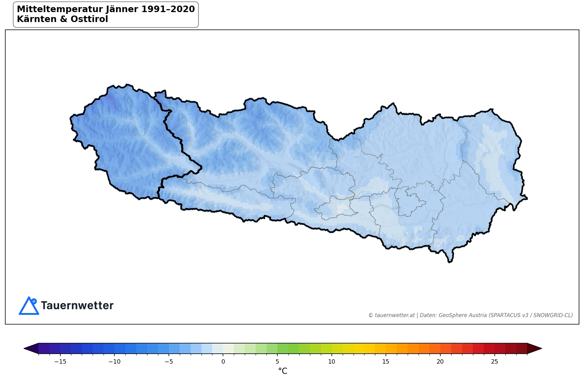 Klimakarte Mitteltemperatur, Jänner 1991–2020 in Kärnten und Osttirol