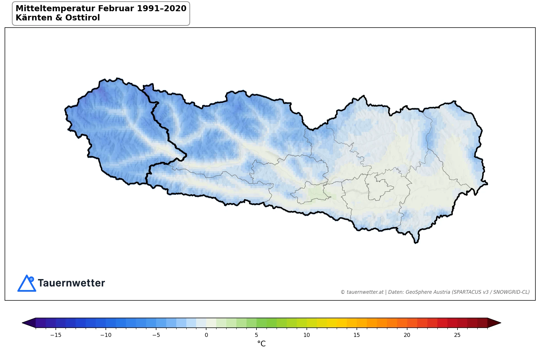 Klimakarte Mitteltemperatur, Februar 1991–2020 in Kärnten und Osttirol