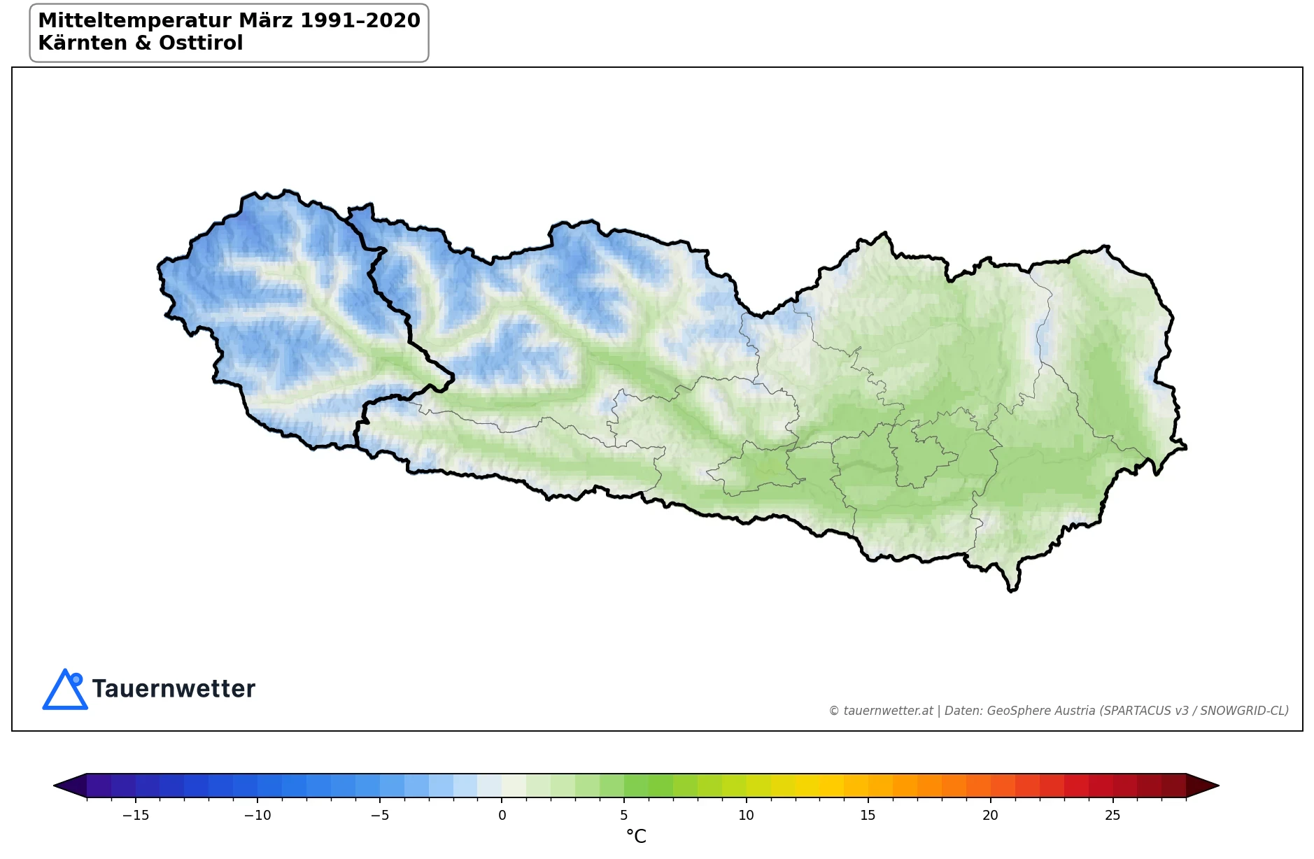 Klimakarte Mitteltemperatur, März 1991–2020 in Kärnten und Osttirol