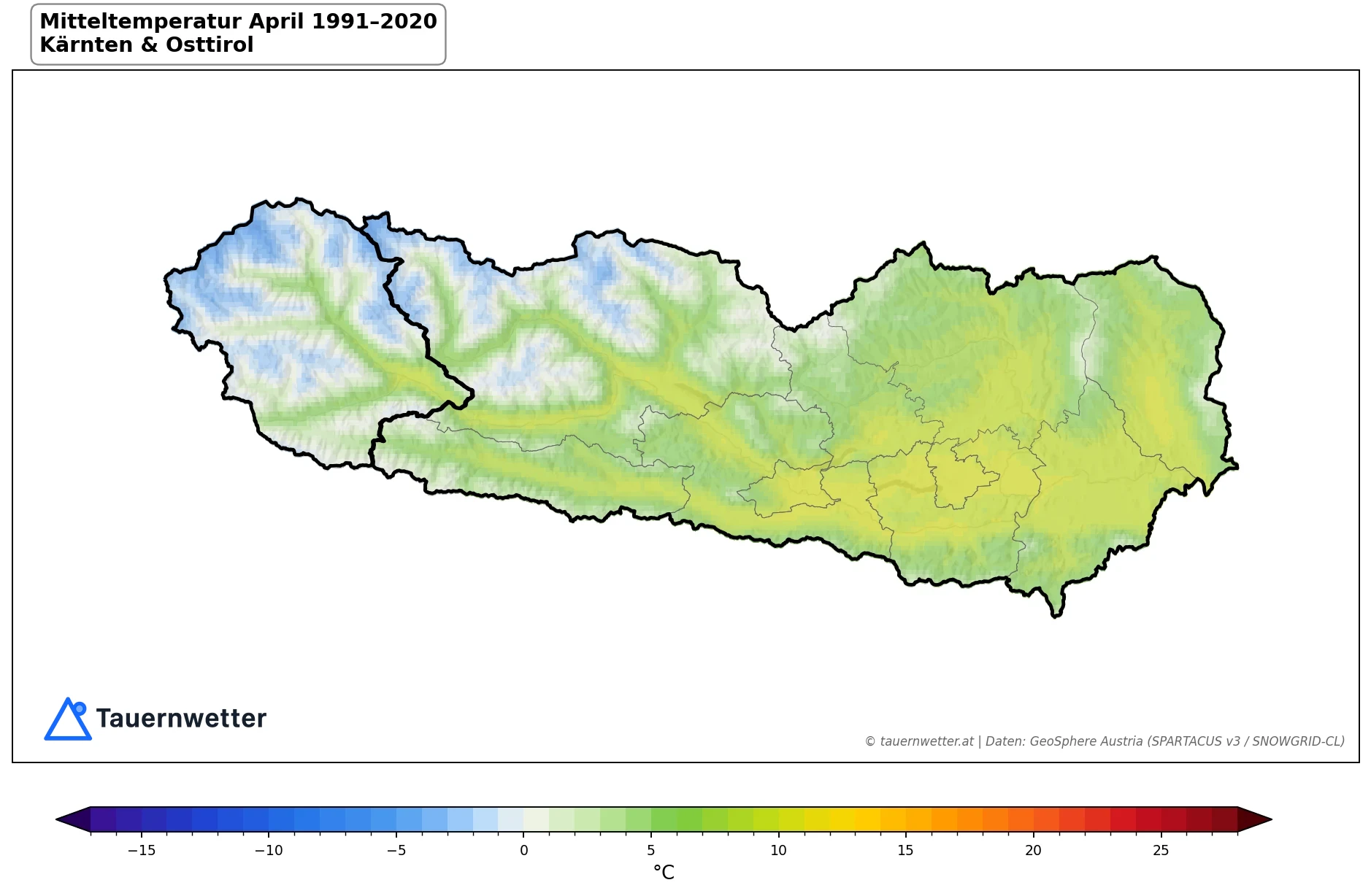 Klimakarte Mitteltemperatur, April 1991–2020 in Kärnten und Osttirol