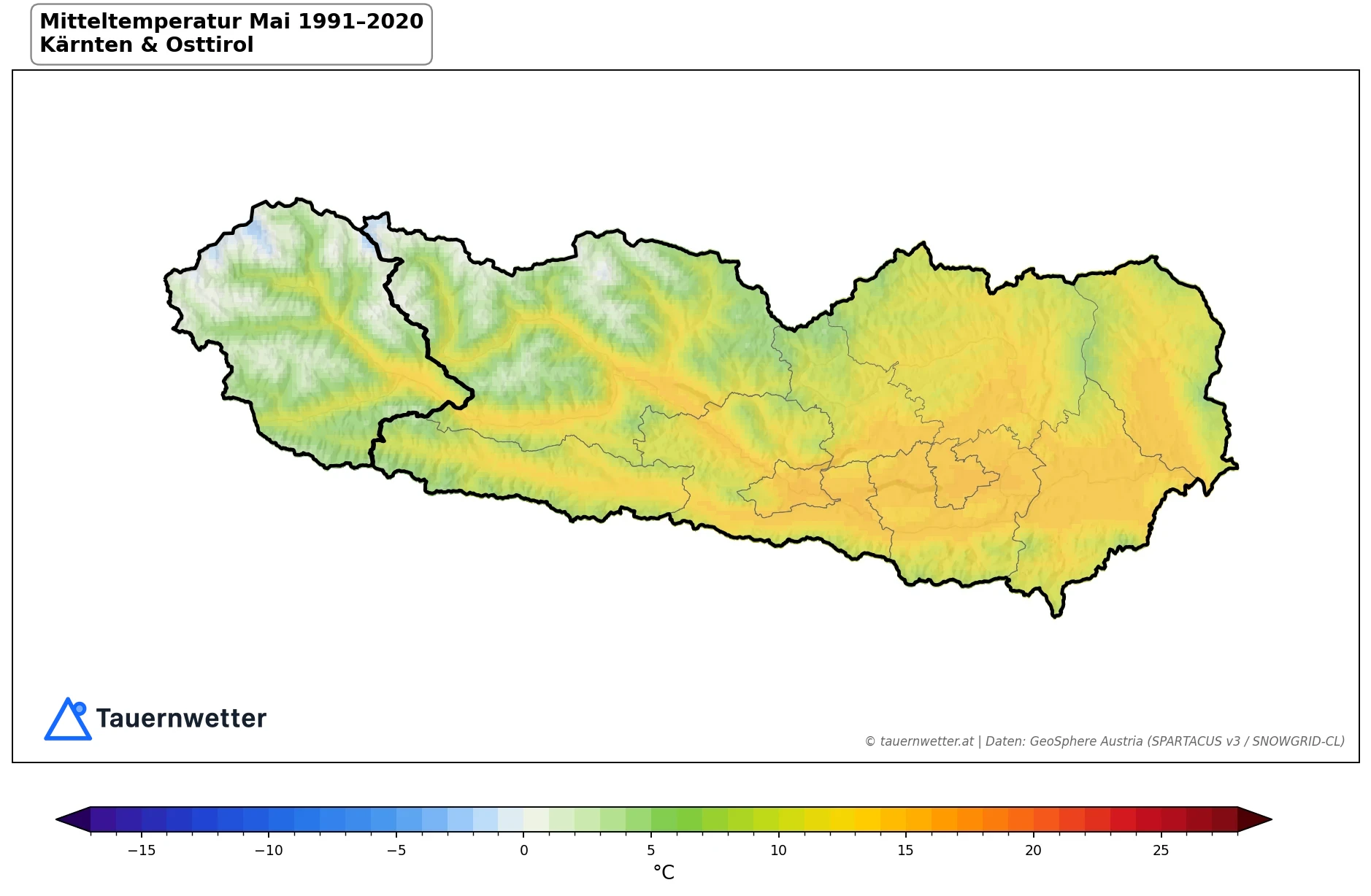 Klimakarte Mitteltemperatur, Mai 1991–2020 in Kärnten und Osttirol