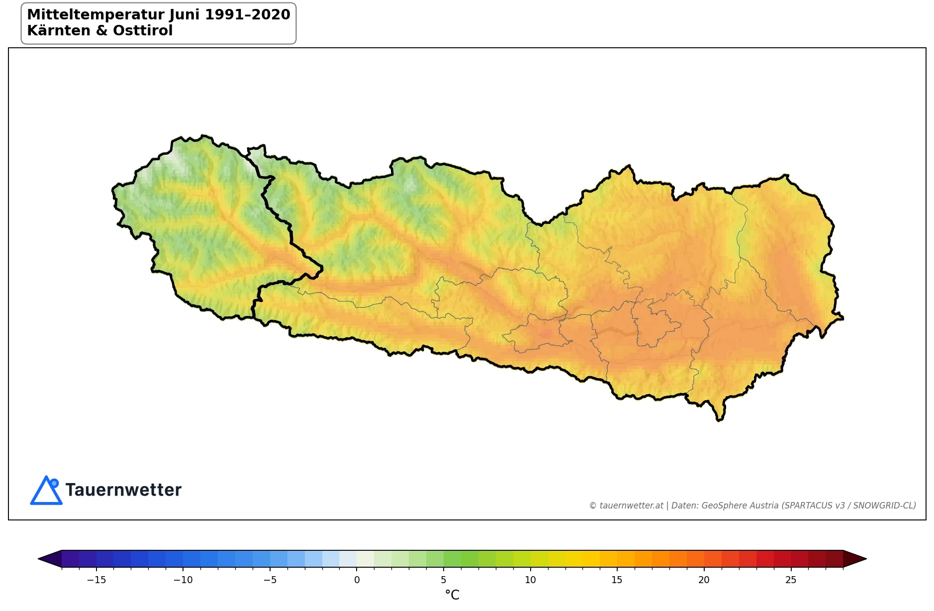 Klimakarte Mitteltemperatur, Juni 1991–2020 in Kärnten und Osttirol