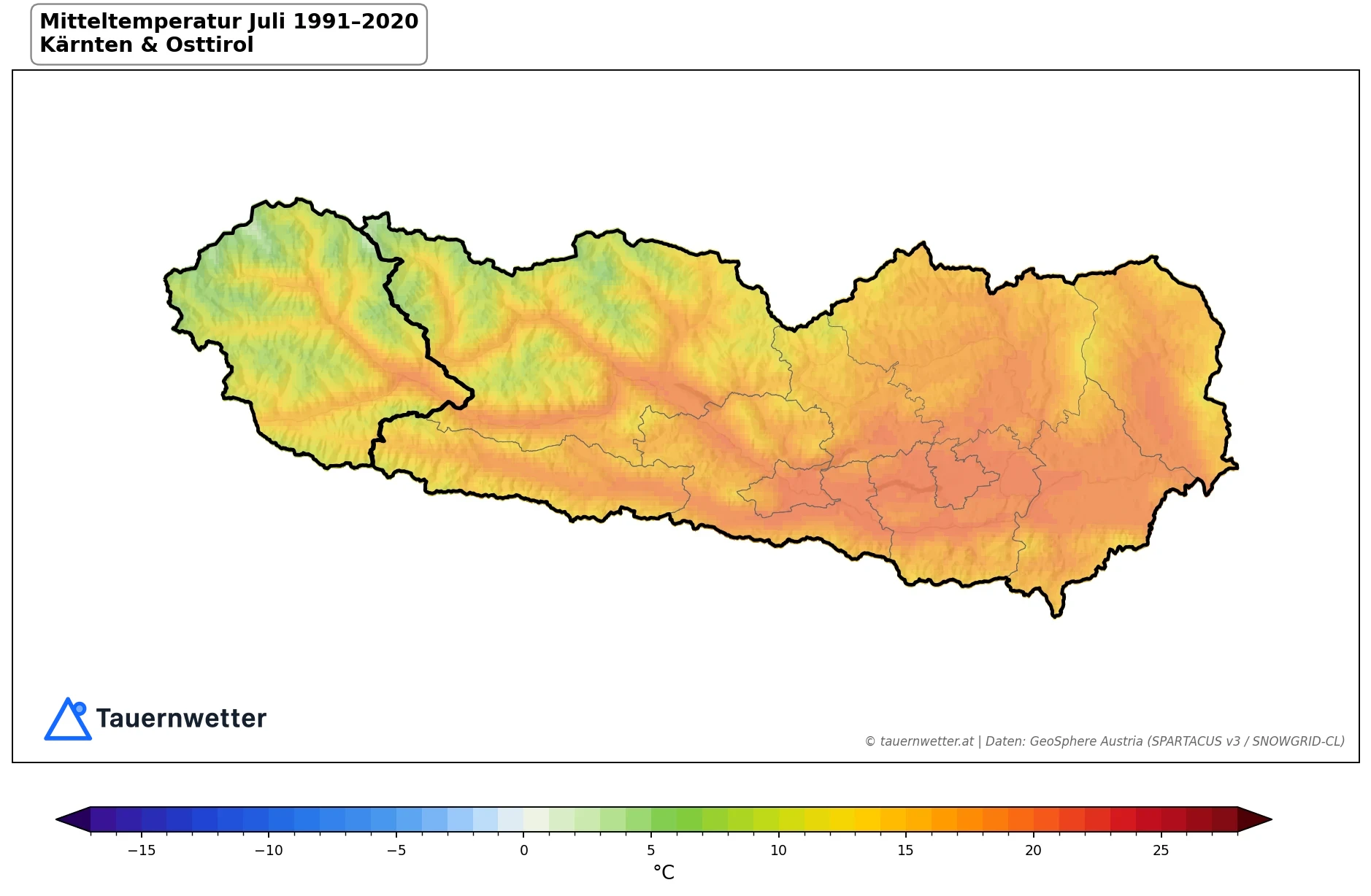 Klimakarte Mitteltemperatur, Juli 1991–2020 in Kärnten und Osttirol