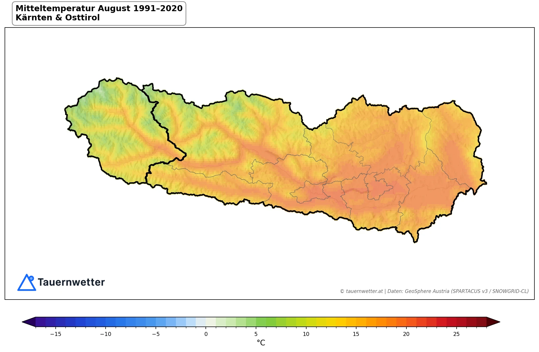 Klimakarte Mitteltemperatur, August 1991–2020 in Kärnten und Osttirol