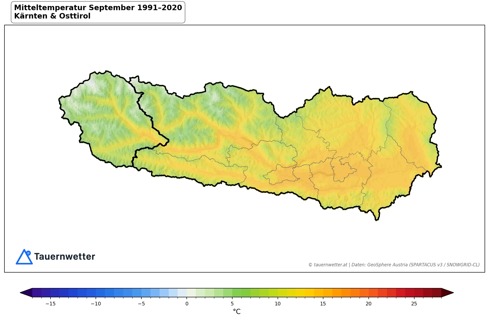 Klimakarte Mitteltemperatur, September 1991–2020 in Kärnten und Osttirol