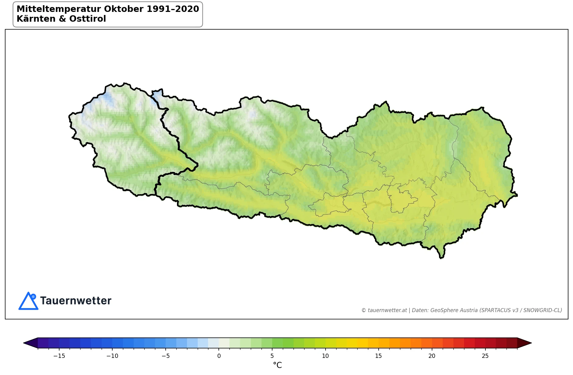 Klimakarte Mitteltemperatur, Oktober 1991–2020 in Kärnten und Osttirol