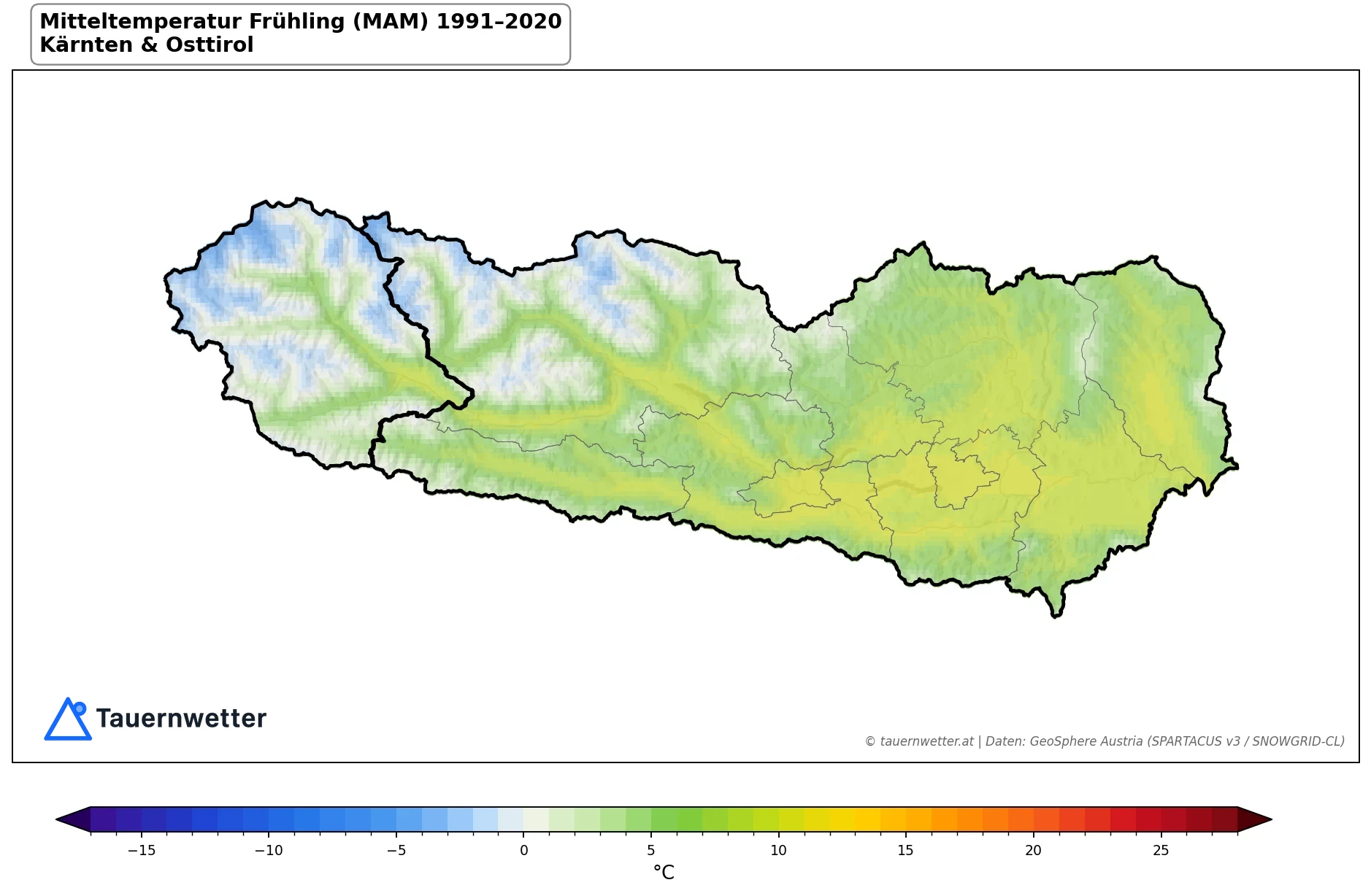 Klimakarte Mitteltemperatur, Frühling (MAM) 1991–2020 in Kärnten und Osttirol