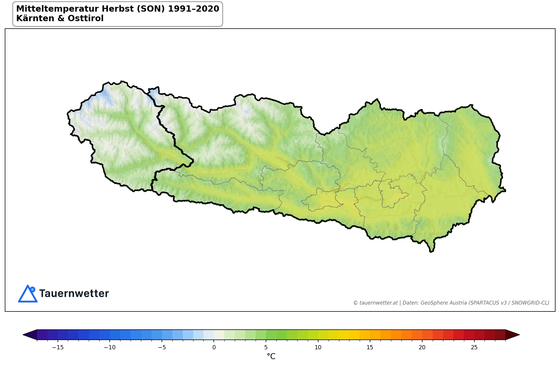 Klimakarte Mitteltemperatur, Herbst (SON) 1991–2020 in Kärnten und Osttirol
