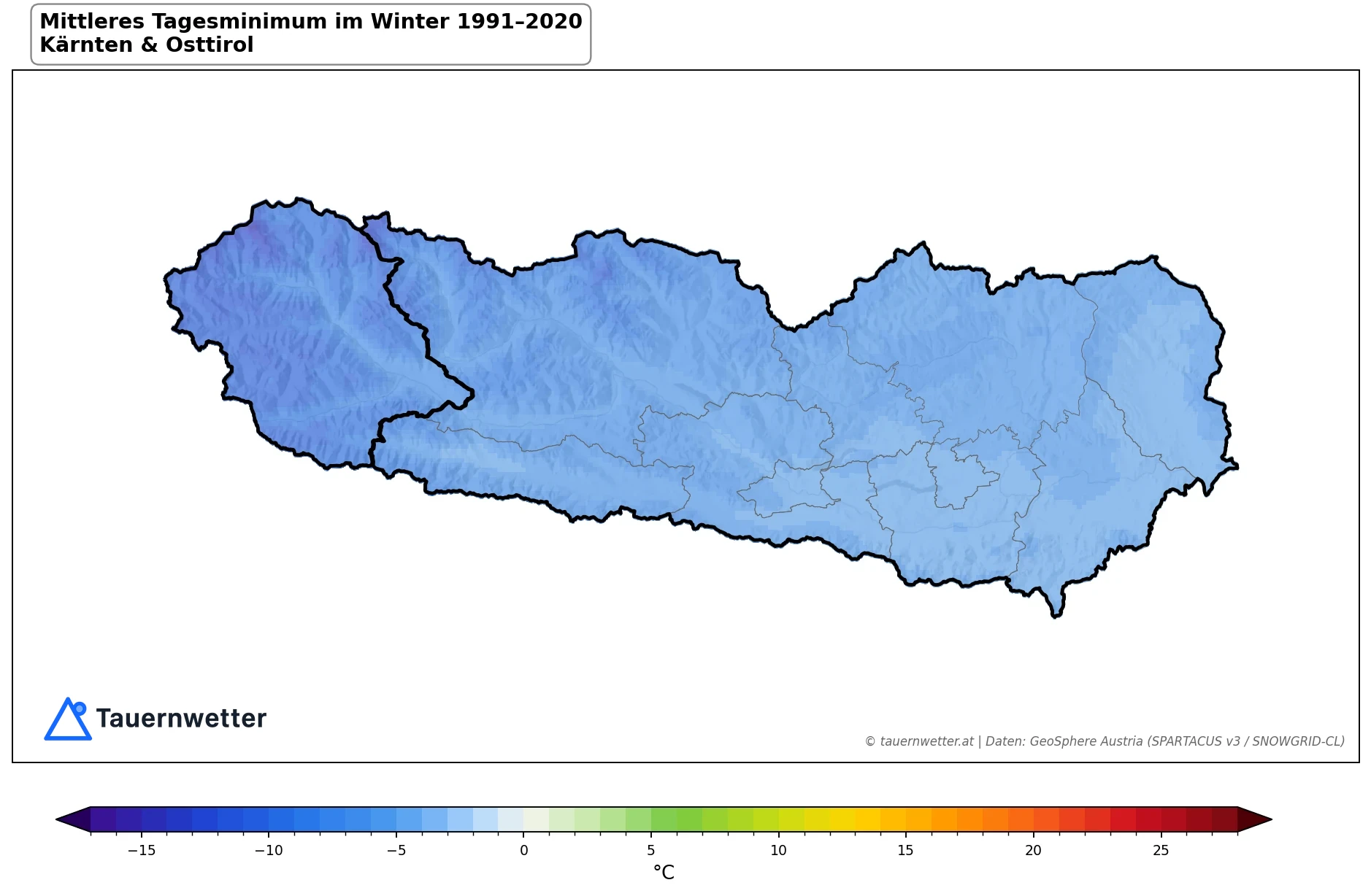 Klimakarte Minimale Temperatur (Tagesminimum), Winter (DJF) 1991–2020 in Kärnten und Osttirol
