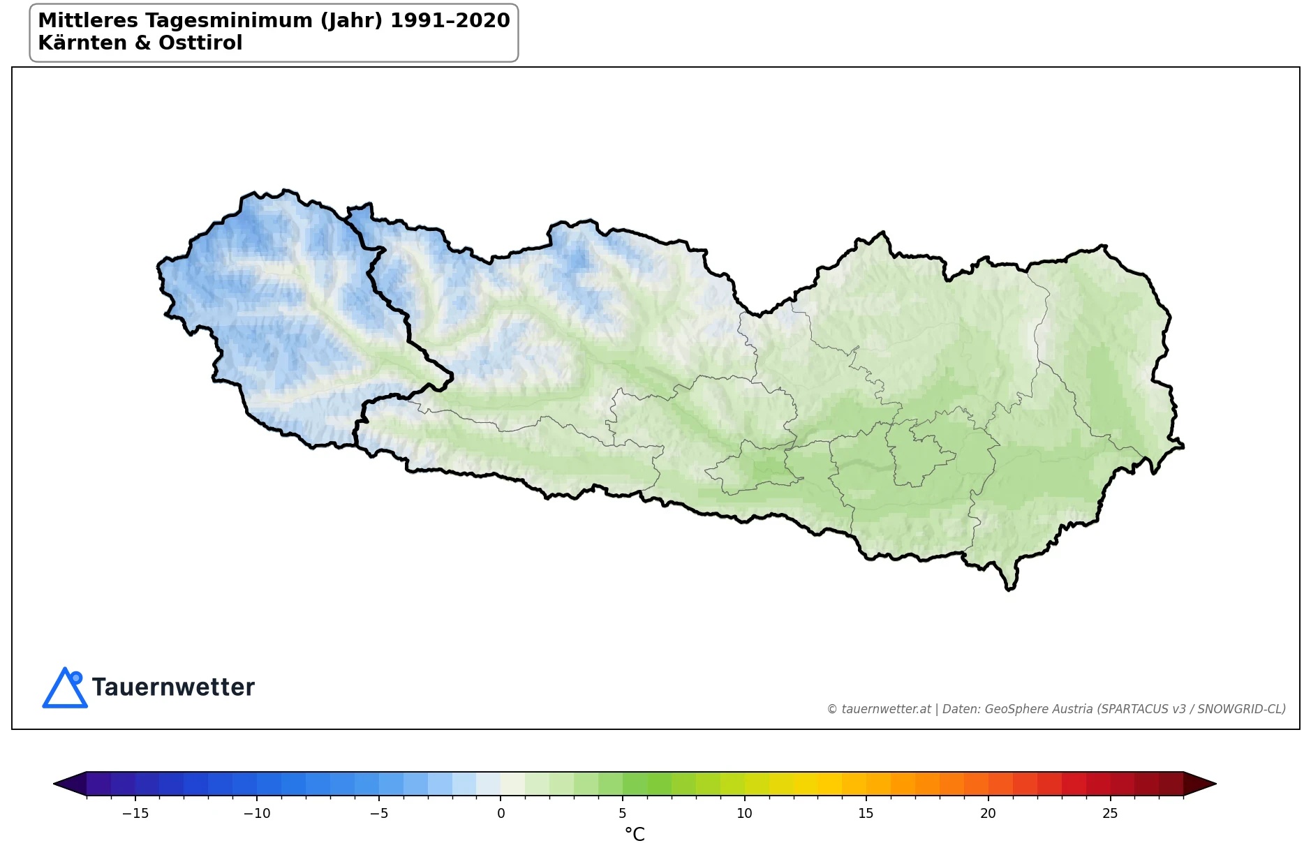 Klimakarte Minimale Temperatur (Tagesminimum), Jahr 1991–2020 in Kärnten und Osttirol