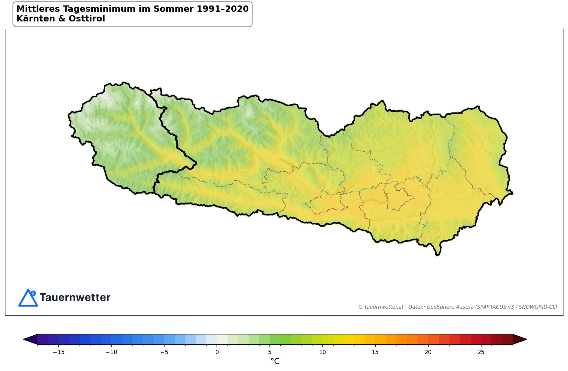 Klimakarte Minimale Temperatur (Tagesminimum), Sommer (JJA) 1991–2020 in Kärnten und Osttirol