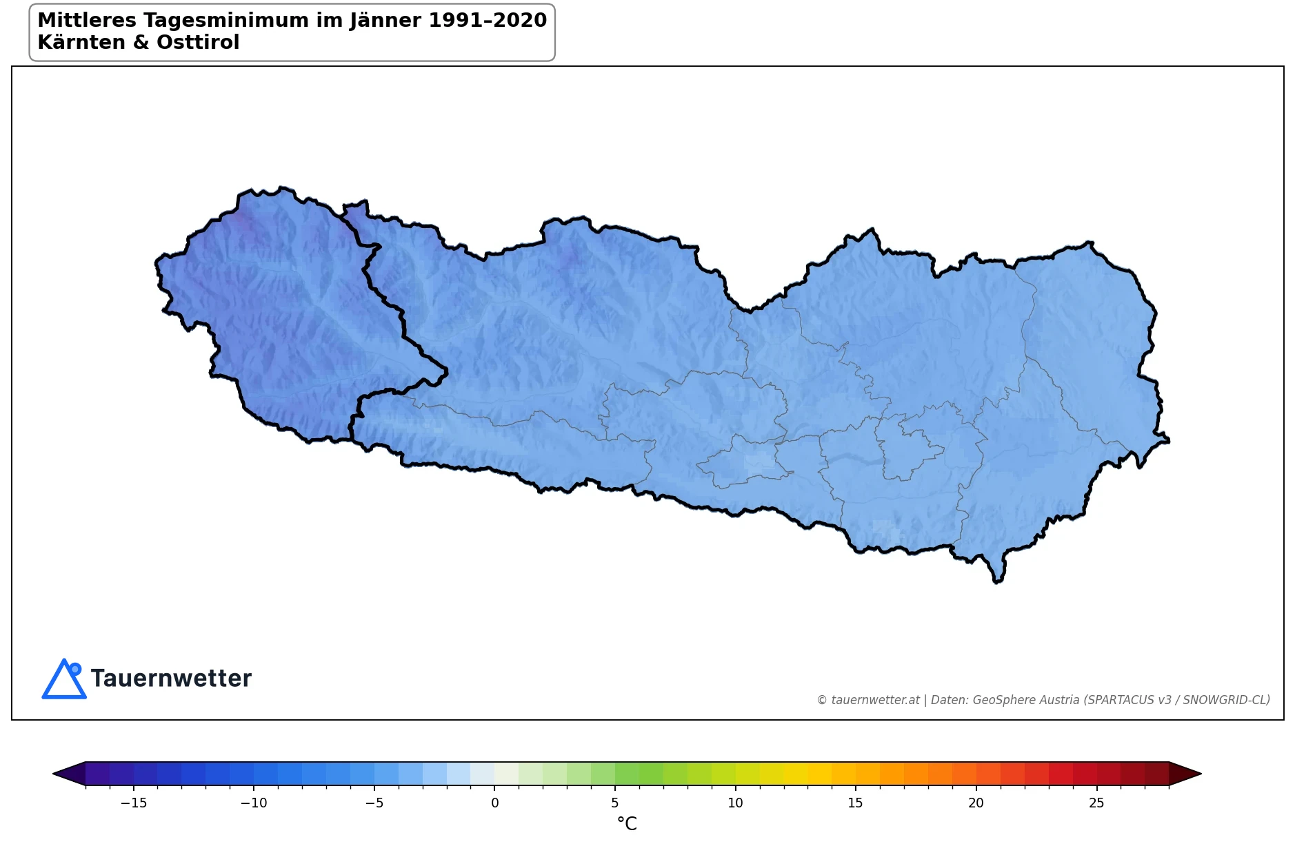 Klimakarte Minimale Temperatur (Tagesminimum), Jänner 1991–2020 in Kärnten und Osttirol