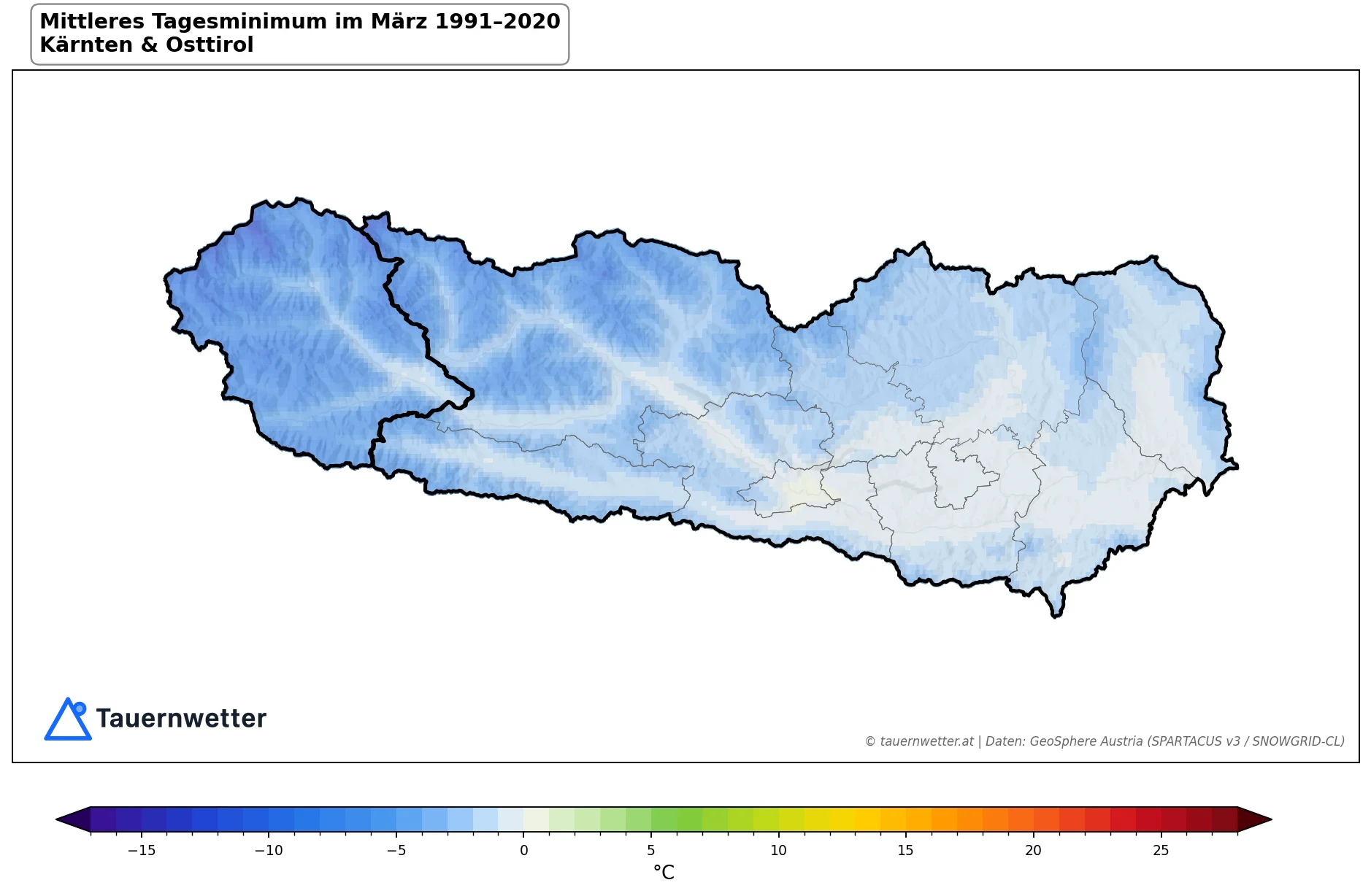 Klimakarte Minimale Temperatur (Tagesminimum), März 1991–2020 in Kärnten und Osttirol