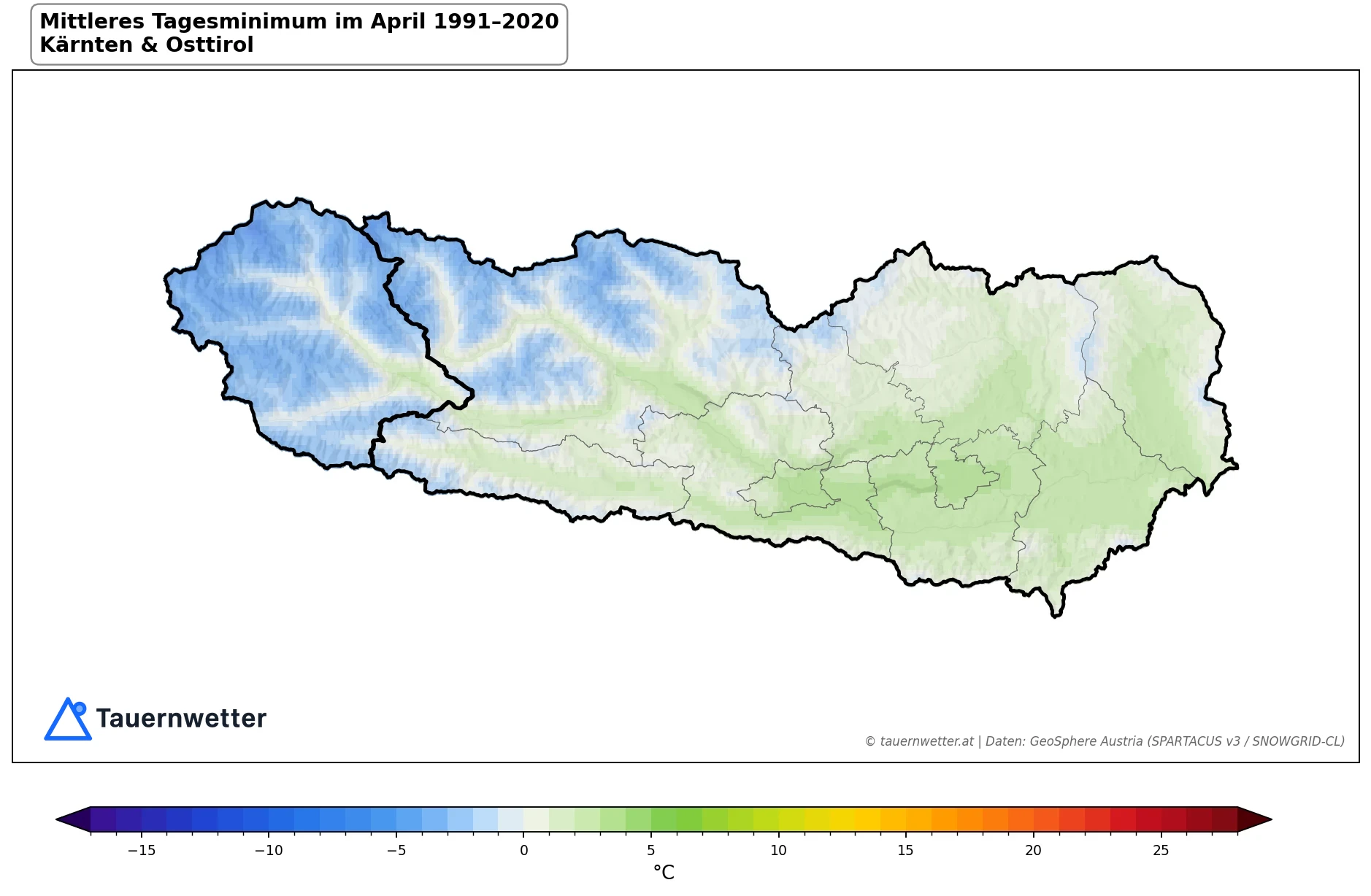 Klimakarte Minimale Temperatur (Tagesminimum), April 1991–2020 in Kärnten und Osttirol