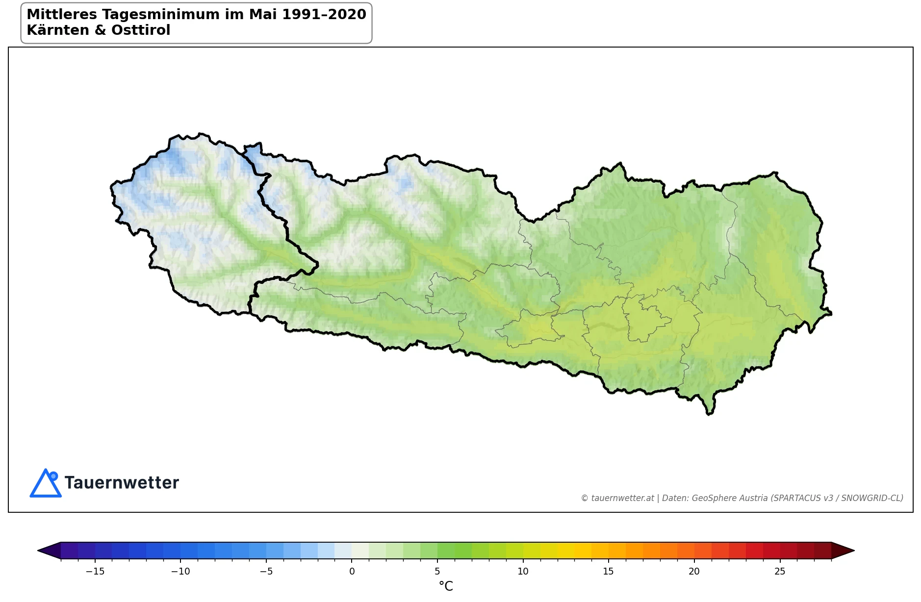 Klimakarte Minimale Temperatur (Tagesminimum), Mai 1991–2020 in Kärnten und Osttirol