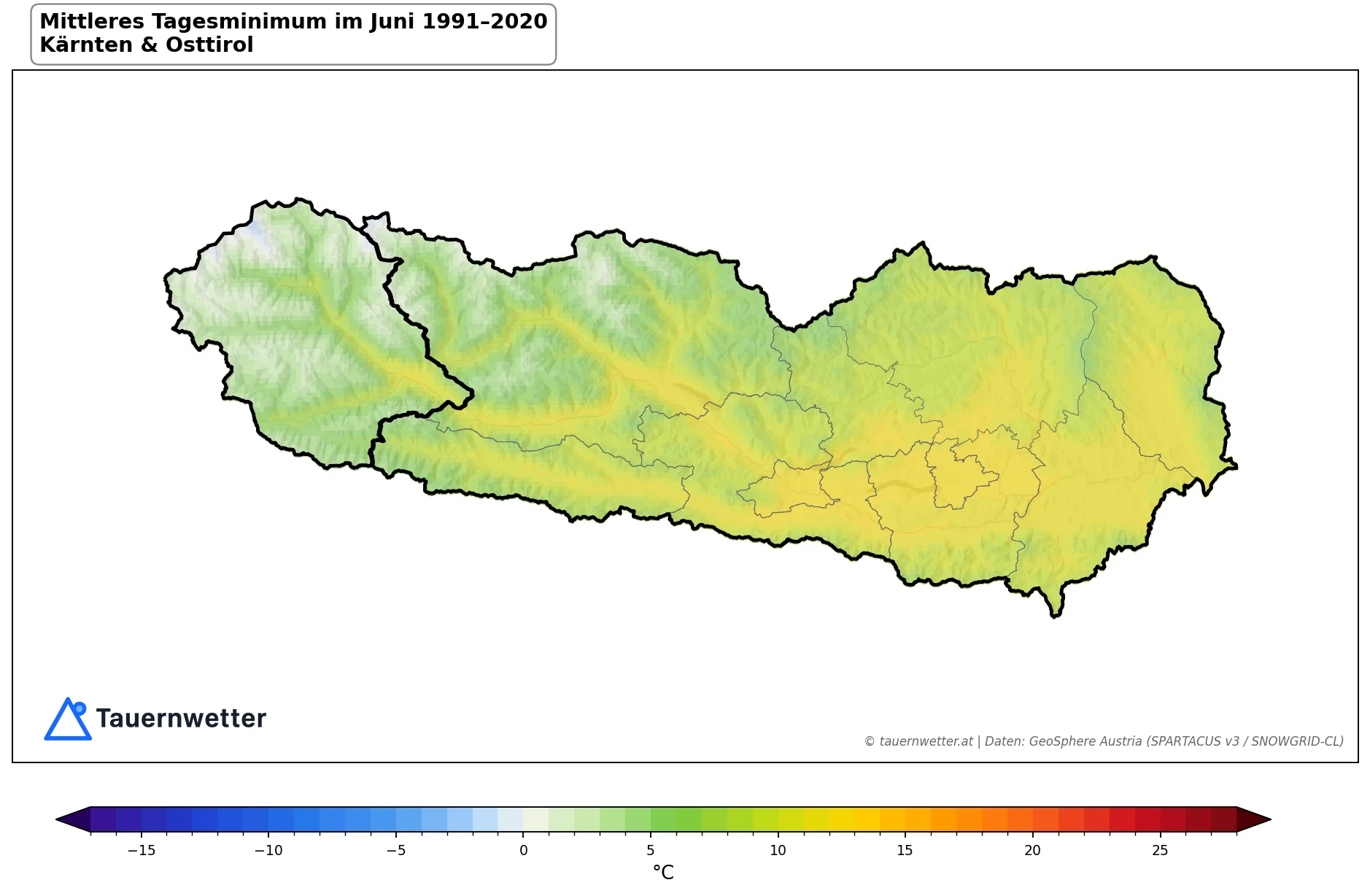 Klimakarte Minimale Temperatur (Tagesminimum), Juni 1991–2020 in Kärnten und Osttirol
