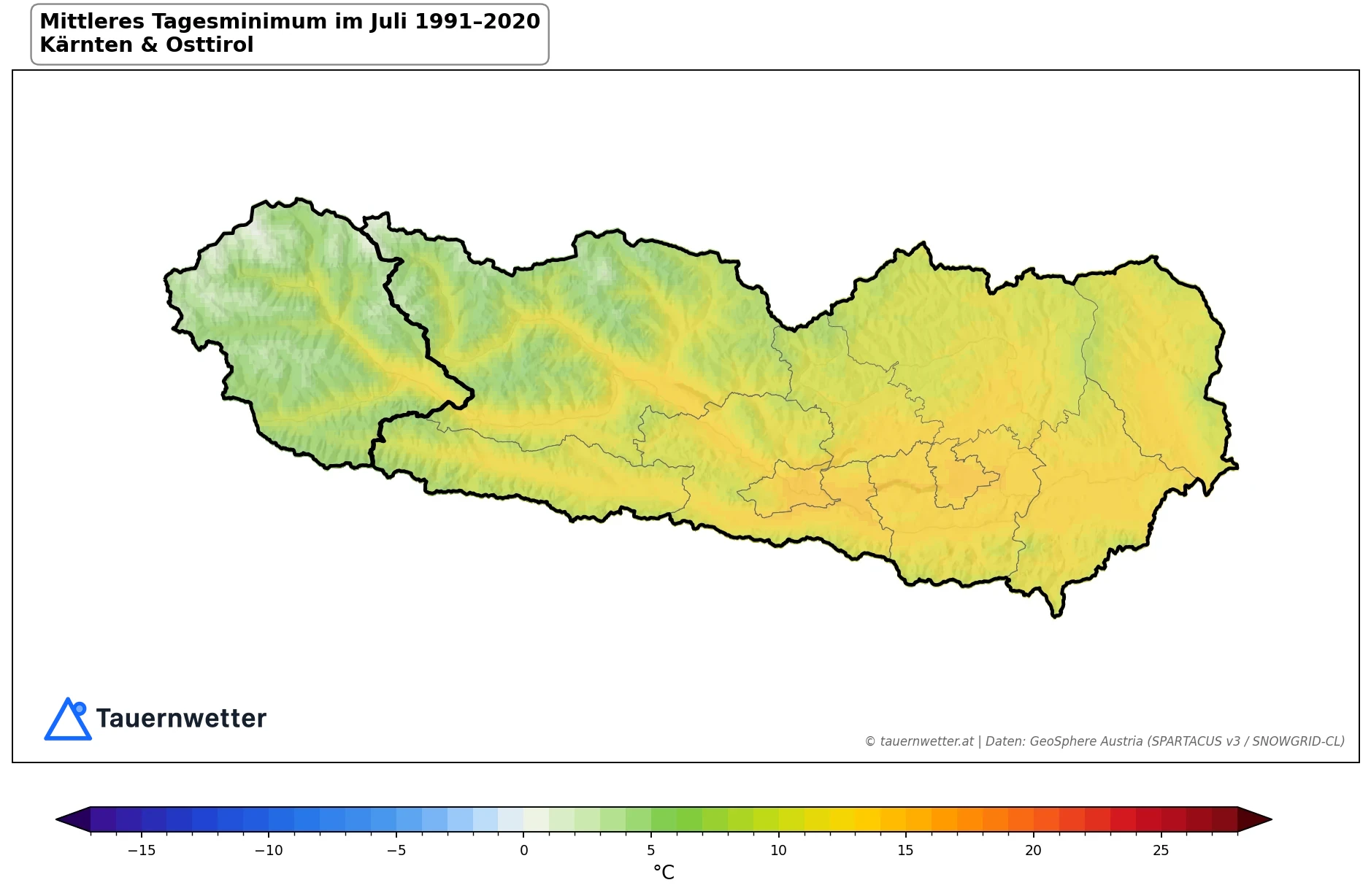 Klimakarte Minimale Temperatur (Tagesminimum), Juli 1991–2020 in Kärnten und Osttirol
