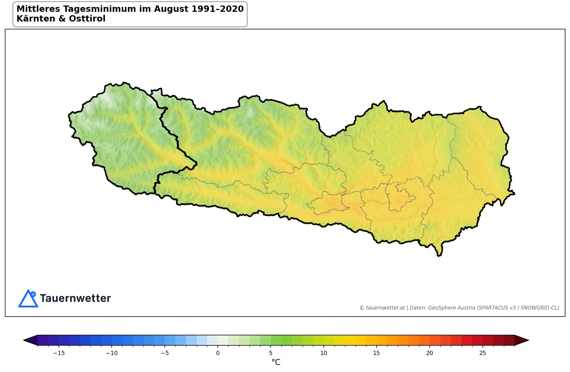 Klimakarte Minimale Temperatur (Tagesminimum), August 1991–2020 in Kärnten und Osttirol