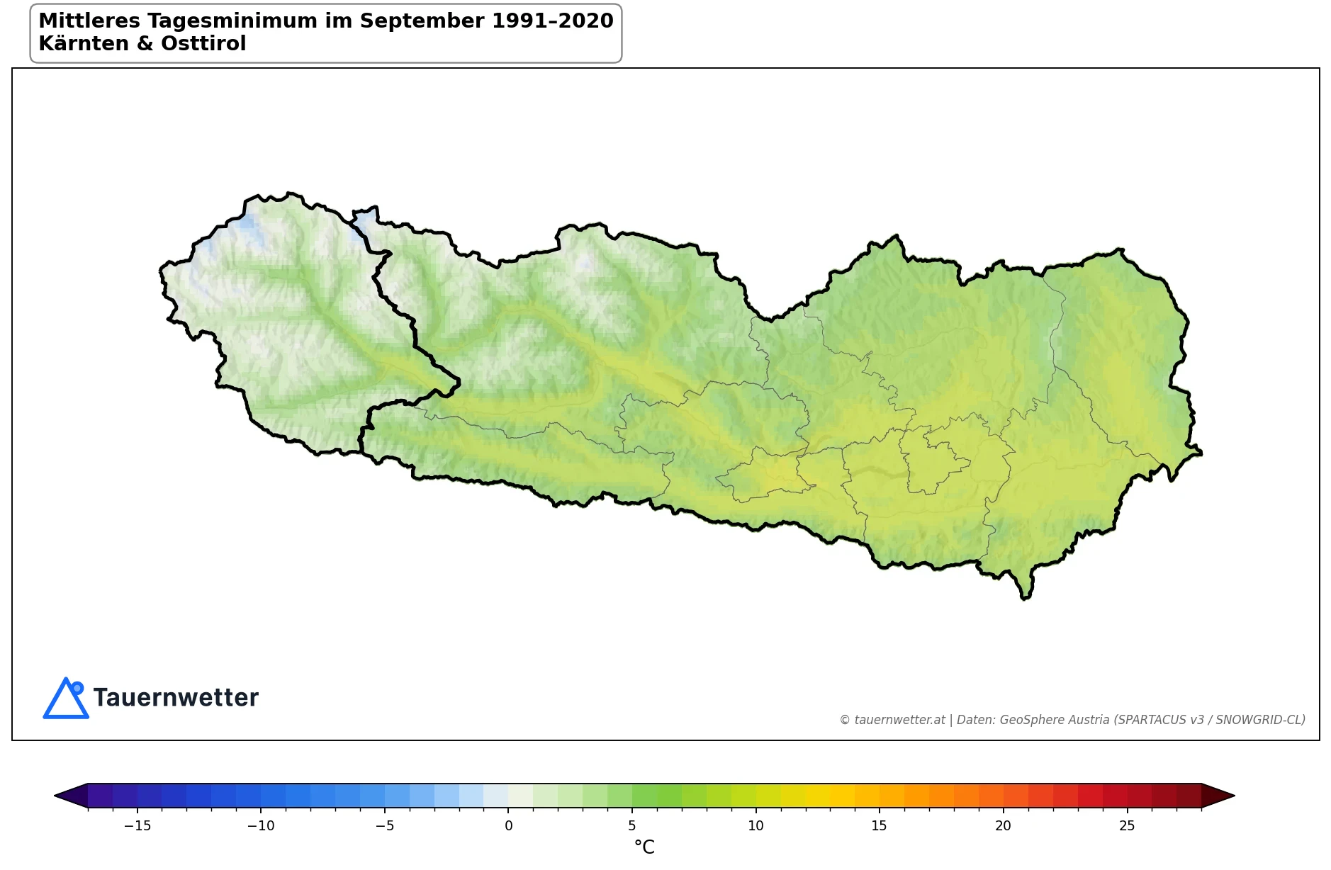 Klimakarte Minimale Temperatur (Tagesminimum), September 1991–2020 in Kärnten und Osttirol