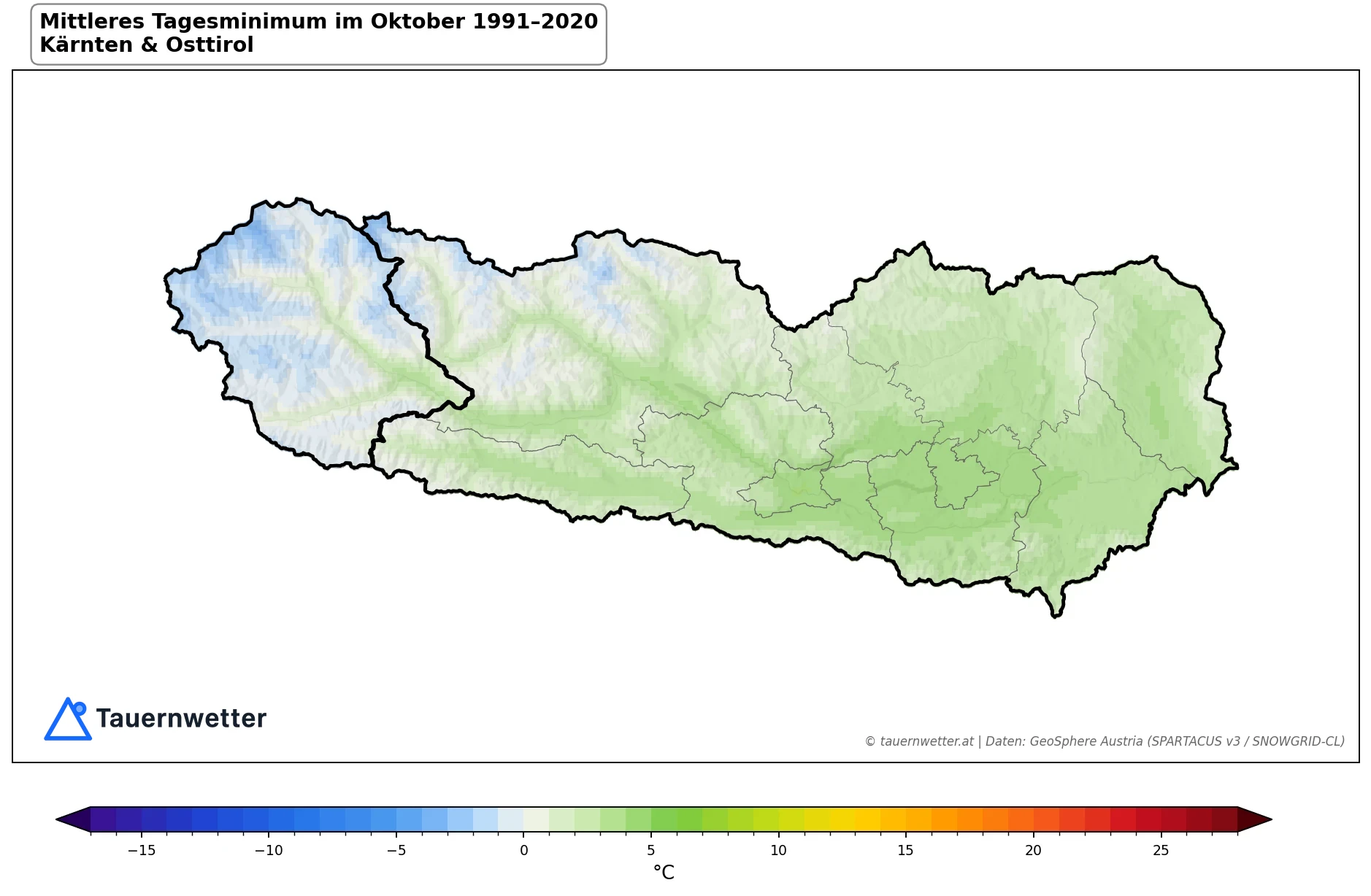 Klimakarte Minimale Temperatur (Tagesminimum), Oktober 1991–2020 in Kärnten und Osttirol