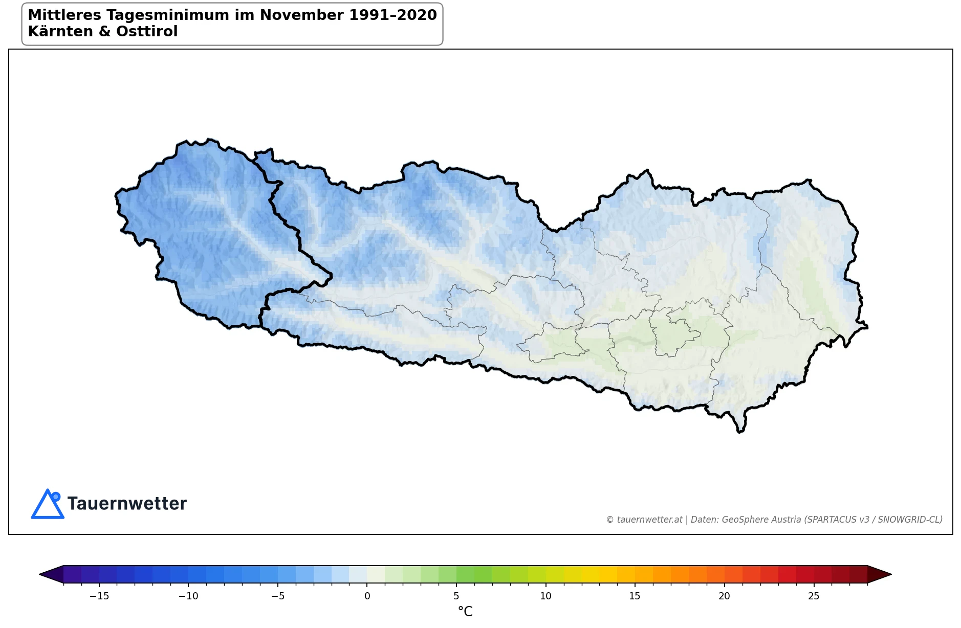 Klimakarte Minimale Temperatur (Tagesminimum), November 1991–2020 in Kärnten und Osttirol