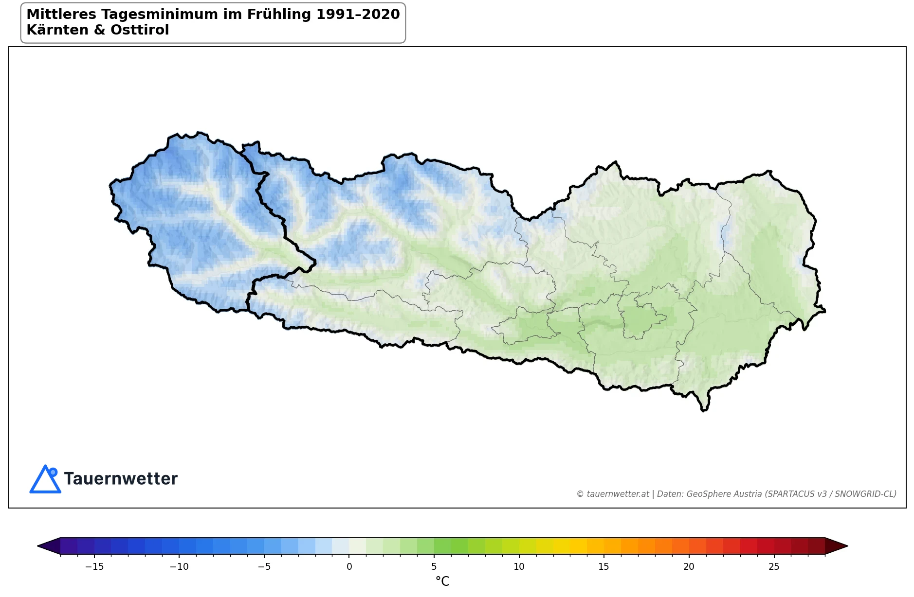 Klimakarte Minimale Temperatur (Tagesminimum), Frühling (MAM) 1991–2020 in Kärnten und Osttirol