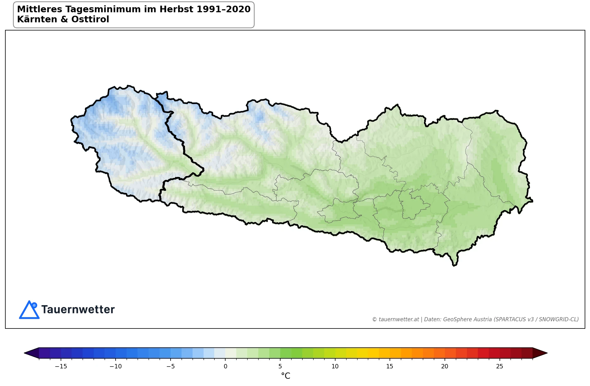Klimakarte Minimale Temperatur (Tagesminimum), Herbst (SON) 1991–2020 in Kärnten und Osttirol