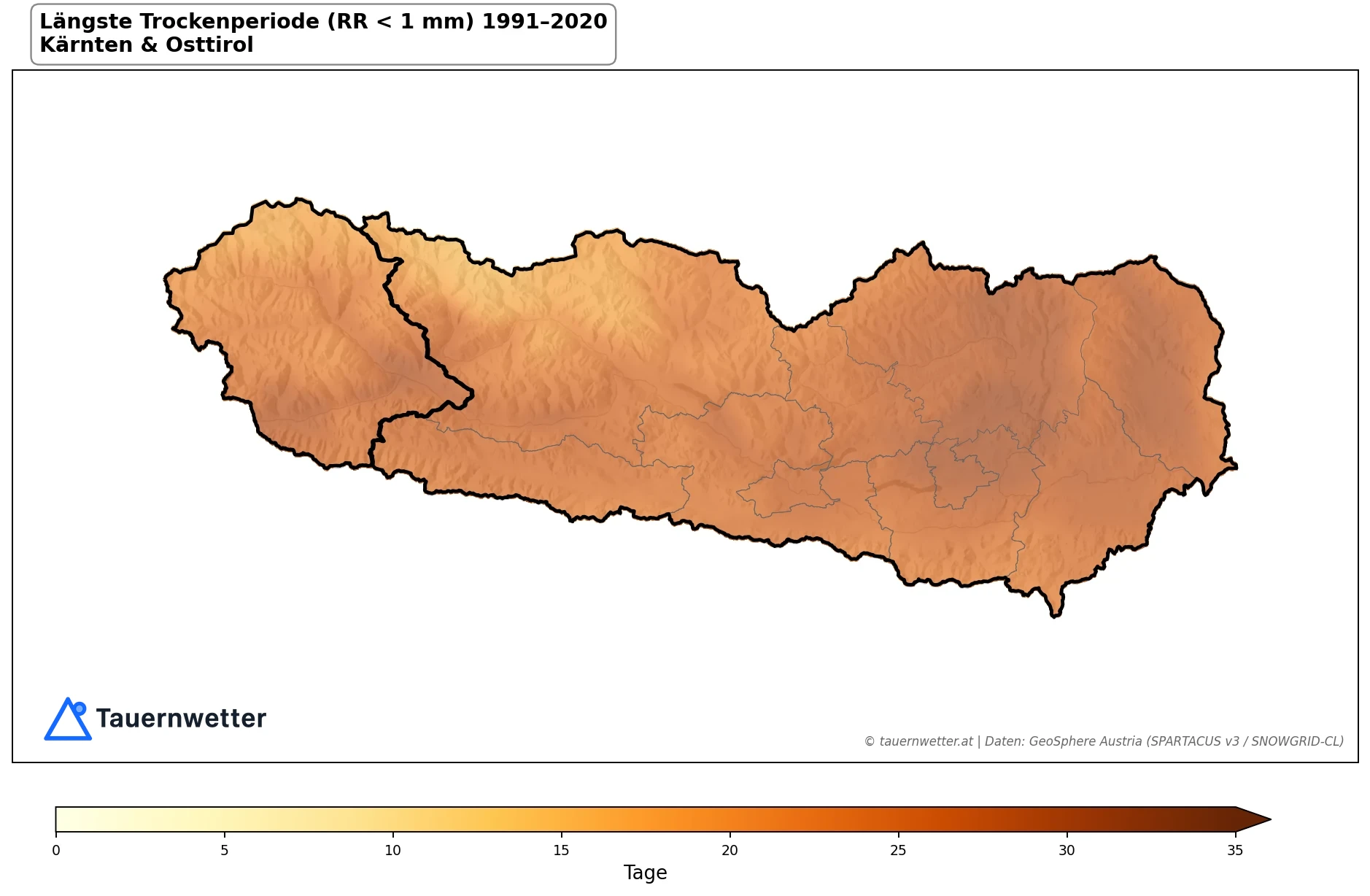 Klimakarte Längste Trockenperiode (RR < 1 mm), Jahr 1991–2020 in Kärnten und Osttirol