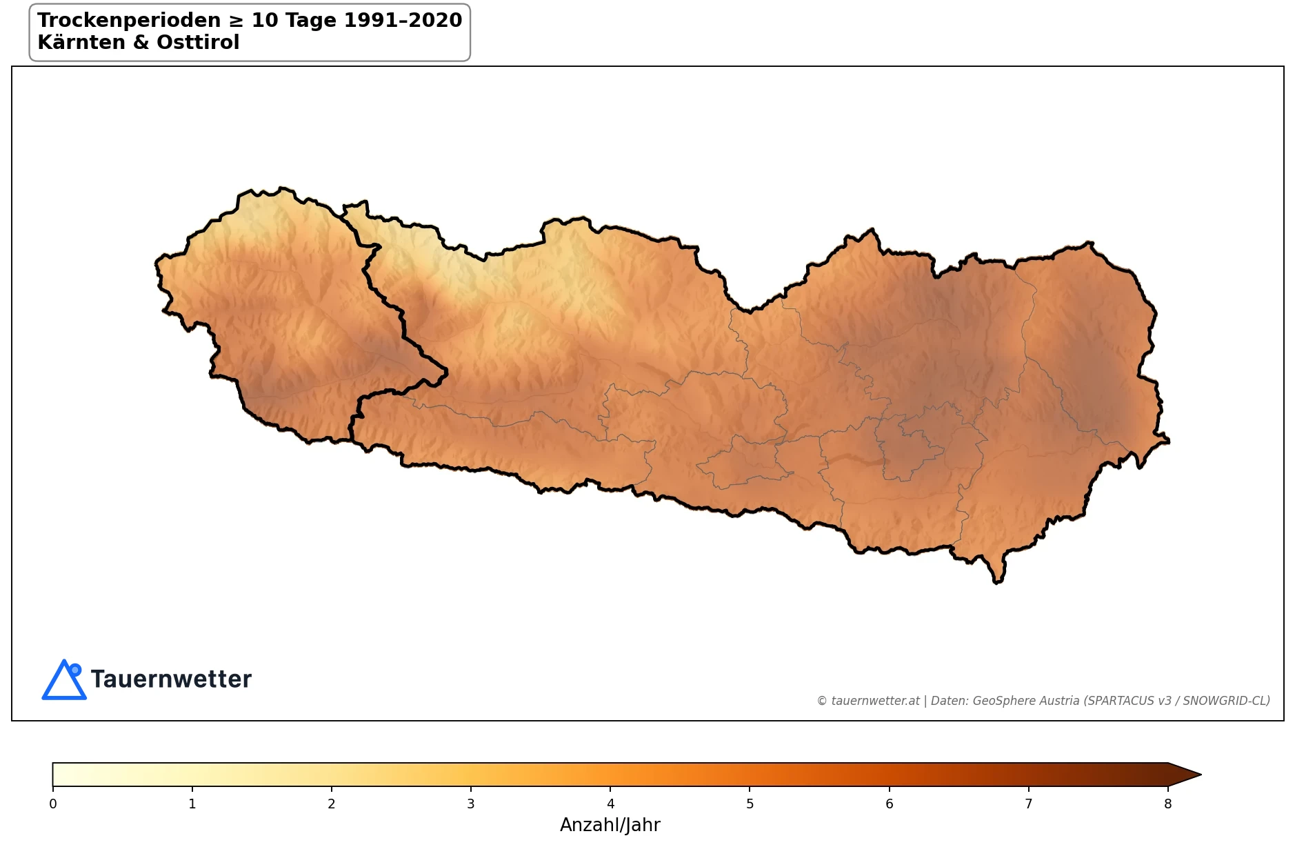 Klimakarte Trockenperioden ≥ 10 Tage, Jahr 1991–2020 in Kärnten und Osttirol