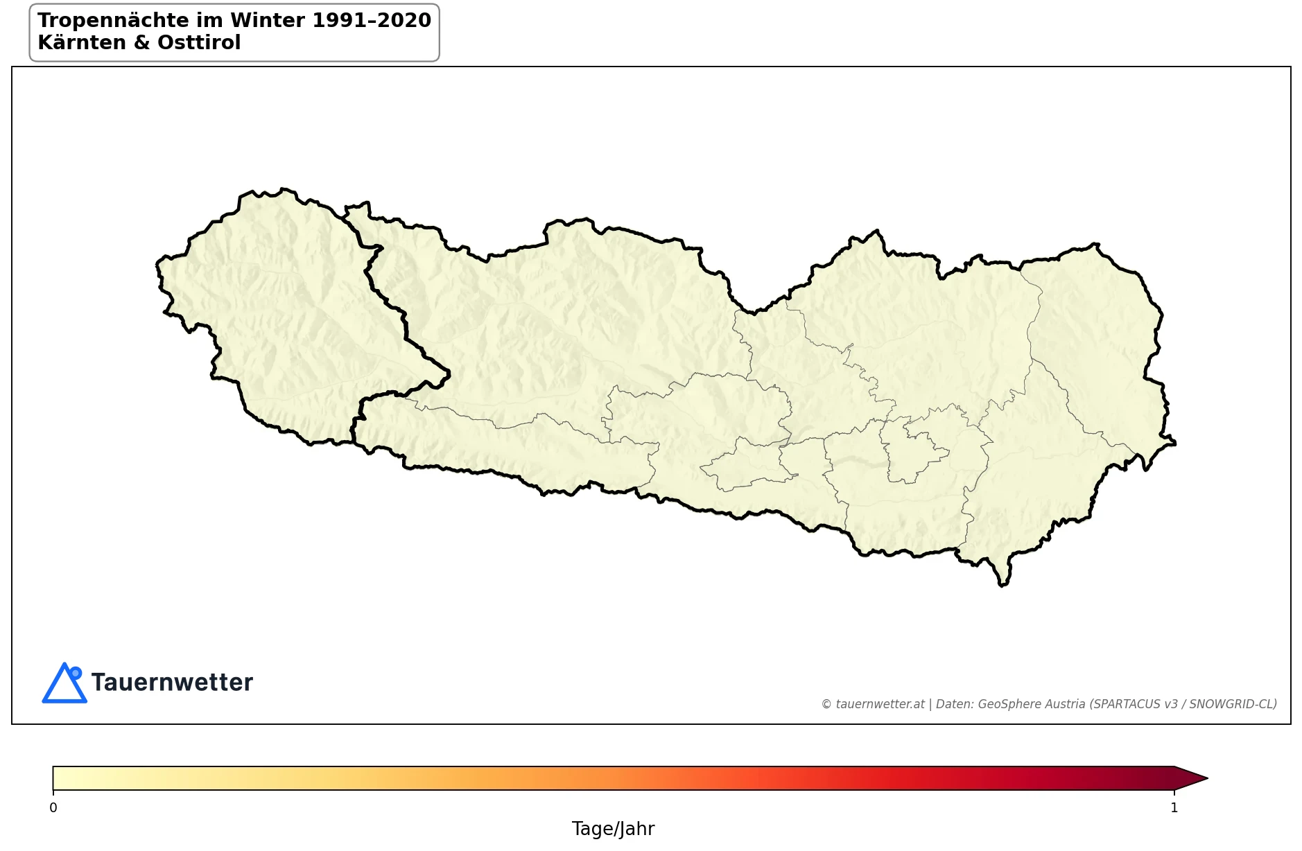 Klimakarte Tropennächte (Tmin ≥ 20 °C), Winter (DJF) 1991–2020 in Kärnten und Osttirol