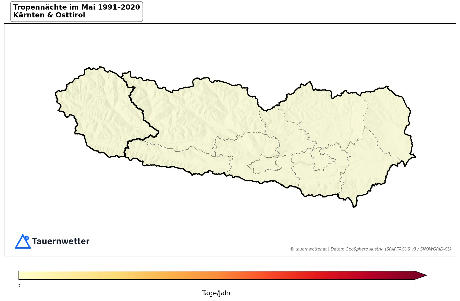 Klimakarte Tropennächte (Tmin ≥ 20 °C), Mai 1991–2020 in Kärnten und Osttirol
