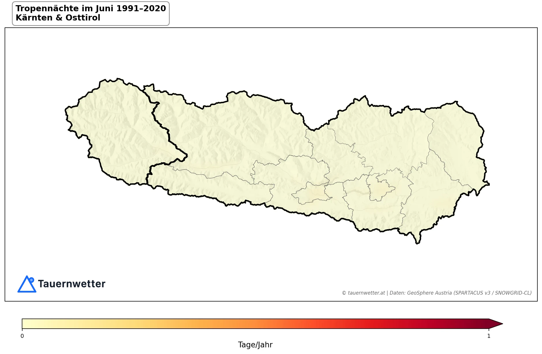Klimakarte Tropennächte (Tmin ≥ 20 °C), Juni 1991–2020 in Kärnten und Osttirol