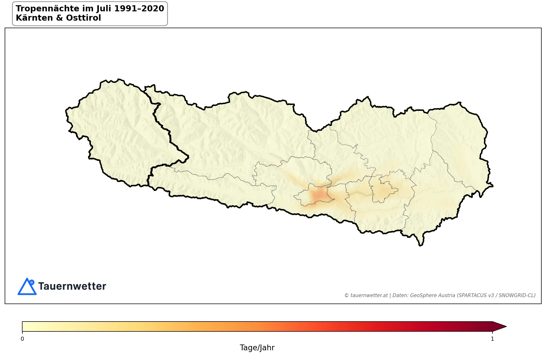Klimakarte Tropennächte (Tmin ≥ 20 °C), Juli 1991–2020 in Kärnten und Osttirol