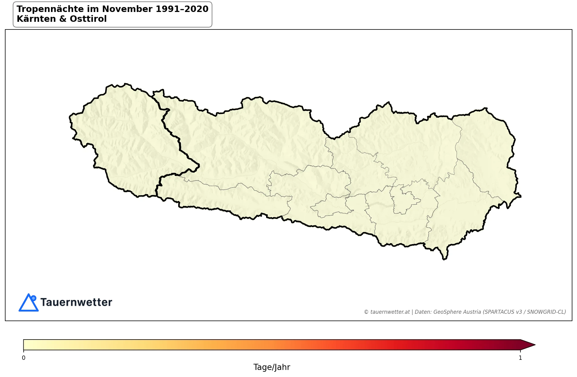 Klimakarte Tropennächte (Tmin ≥ 20 °C), November 1991–2020 in Kärnten und Osttirol