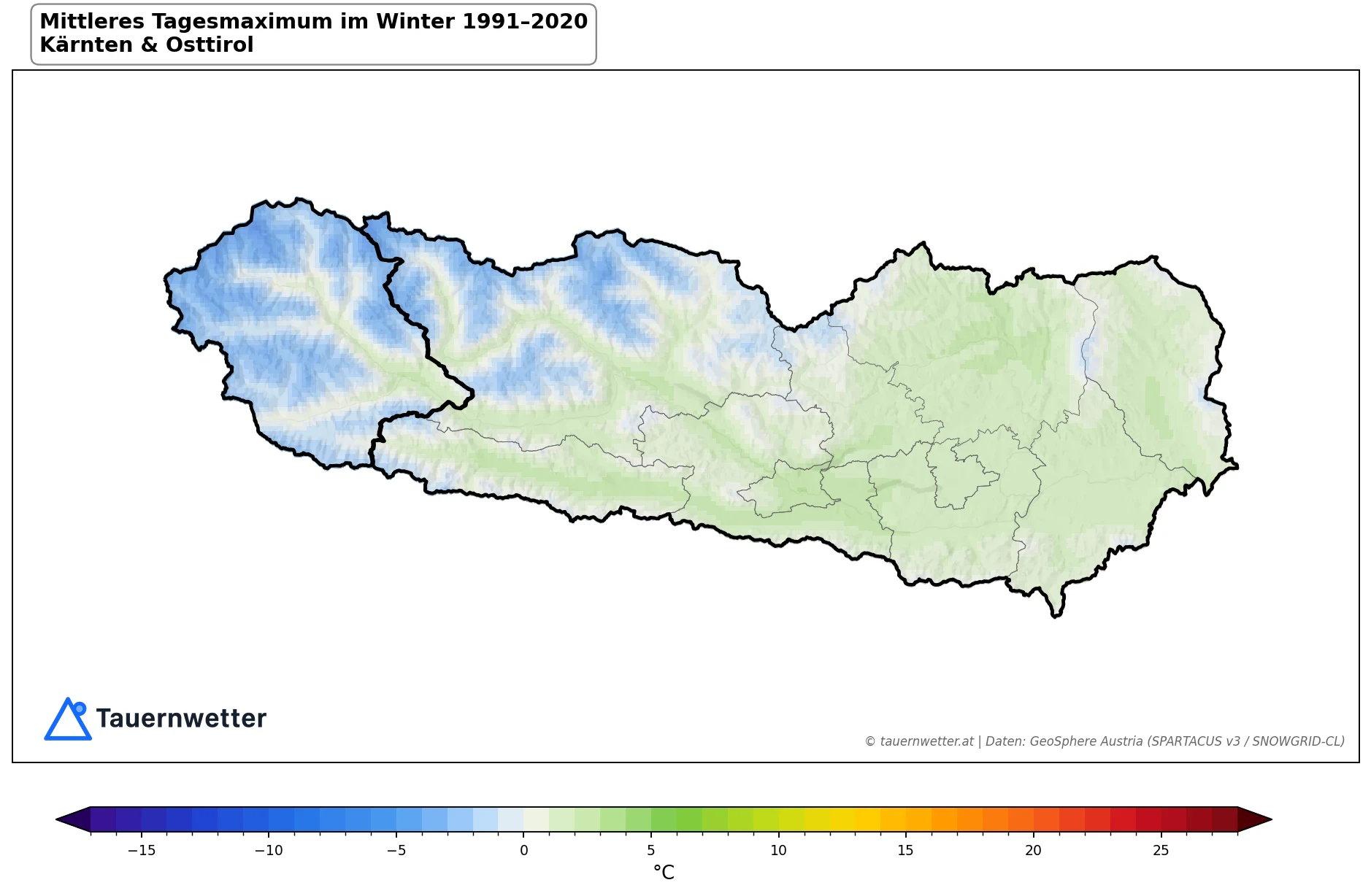 Klimakarte Maximale Temperatur (Tagesmaximum), Winter (DJF) 1991–2020 in Kärnten und Osttirol