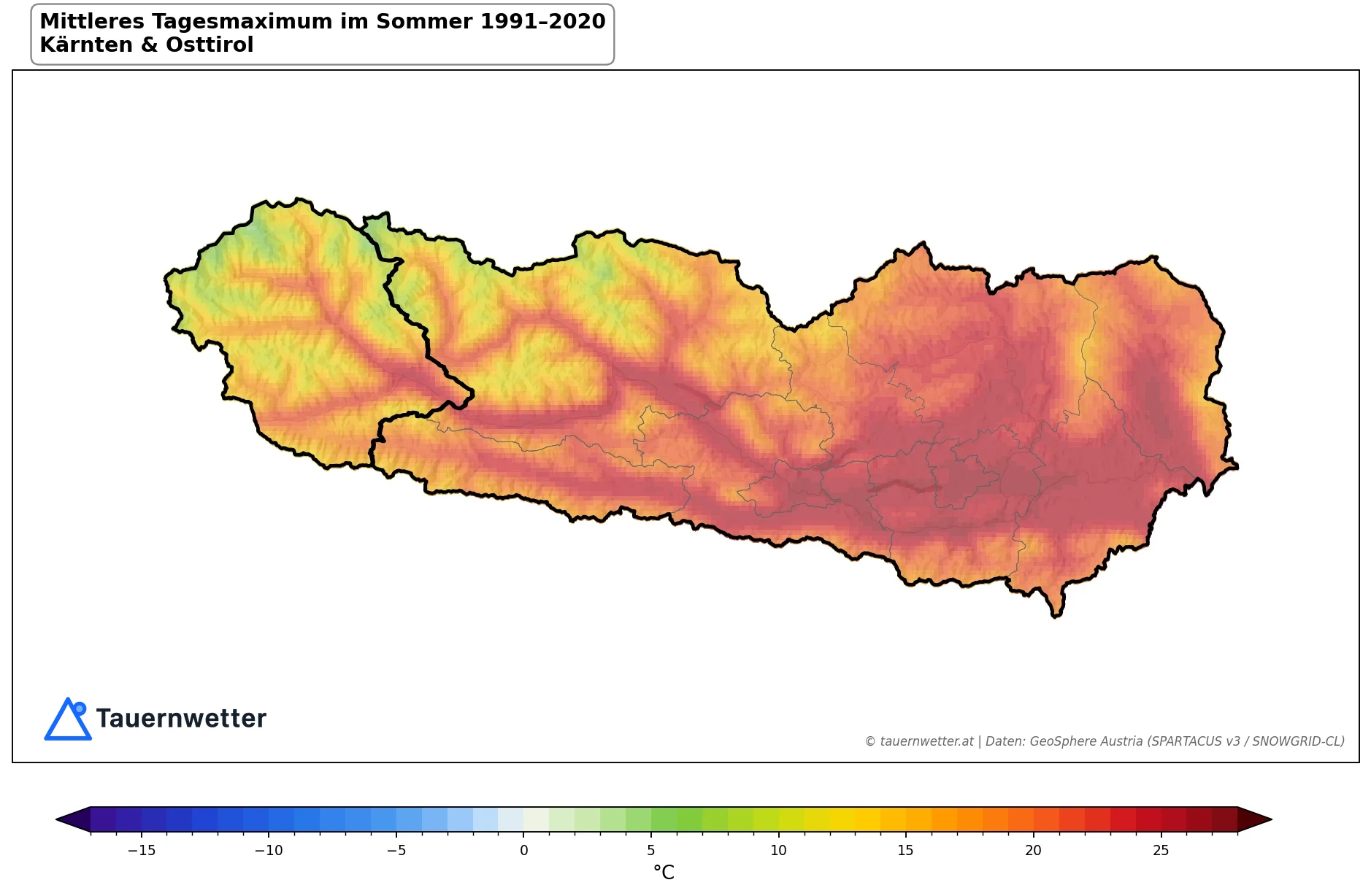 Klimakarte Maximale Temperatur (Tagesmaximum), Sommer (JJA) 1991–2020 in Kärnten und Osttirol