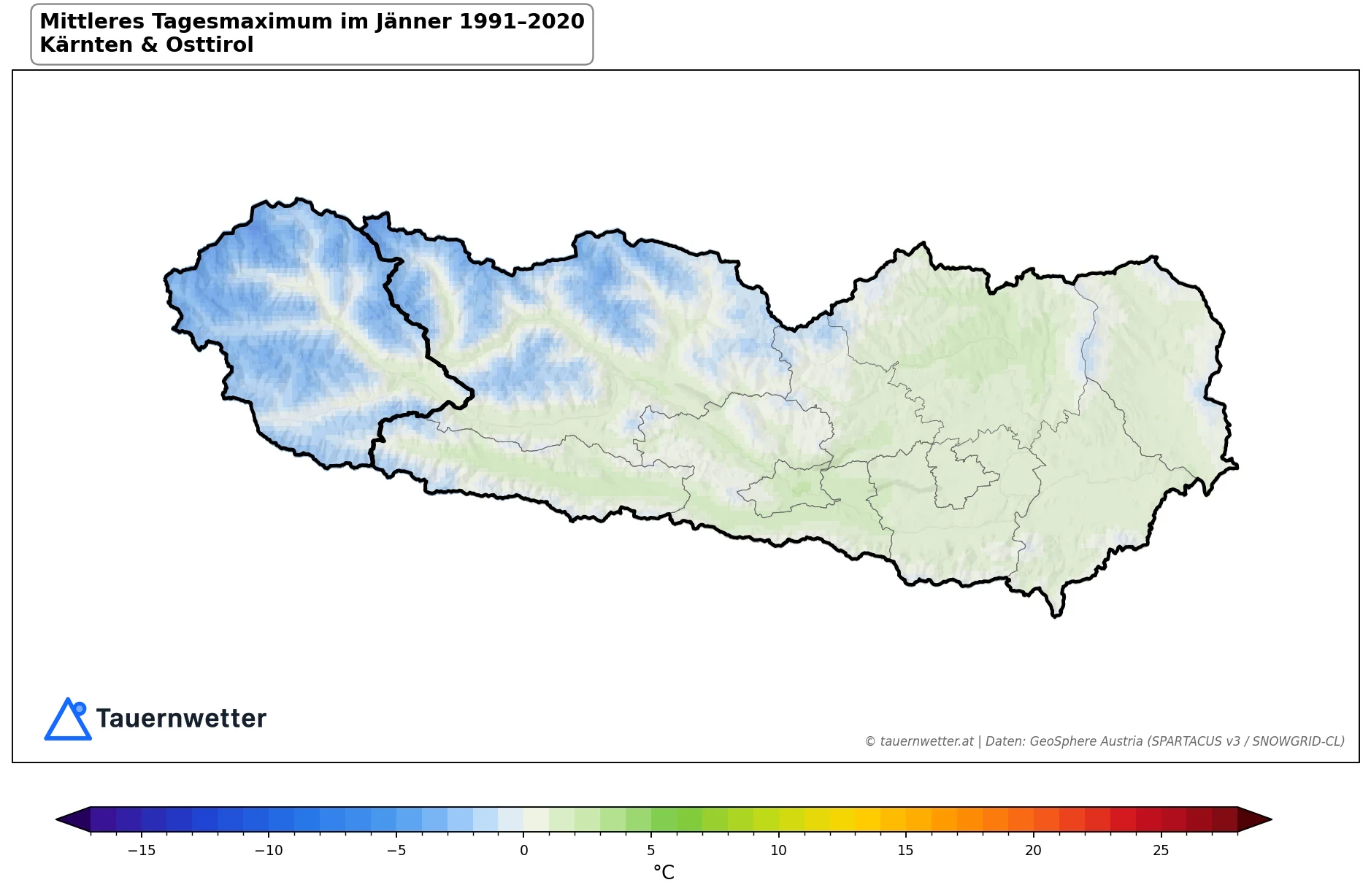 Klimakarte Maximale Temperatur (Tagesmaximum), Jänner 1991–2020 in Kärnten und Osttirol