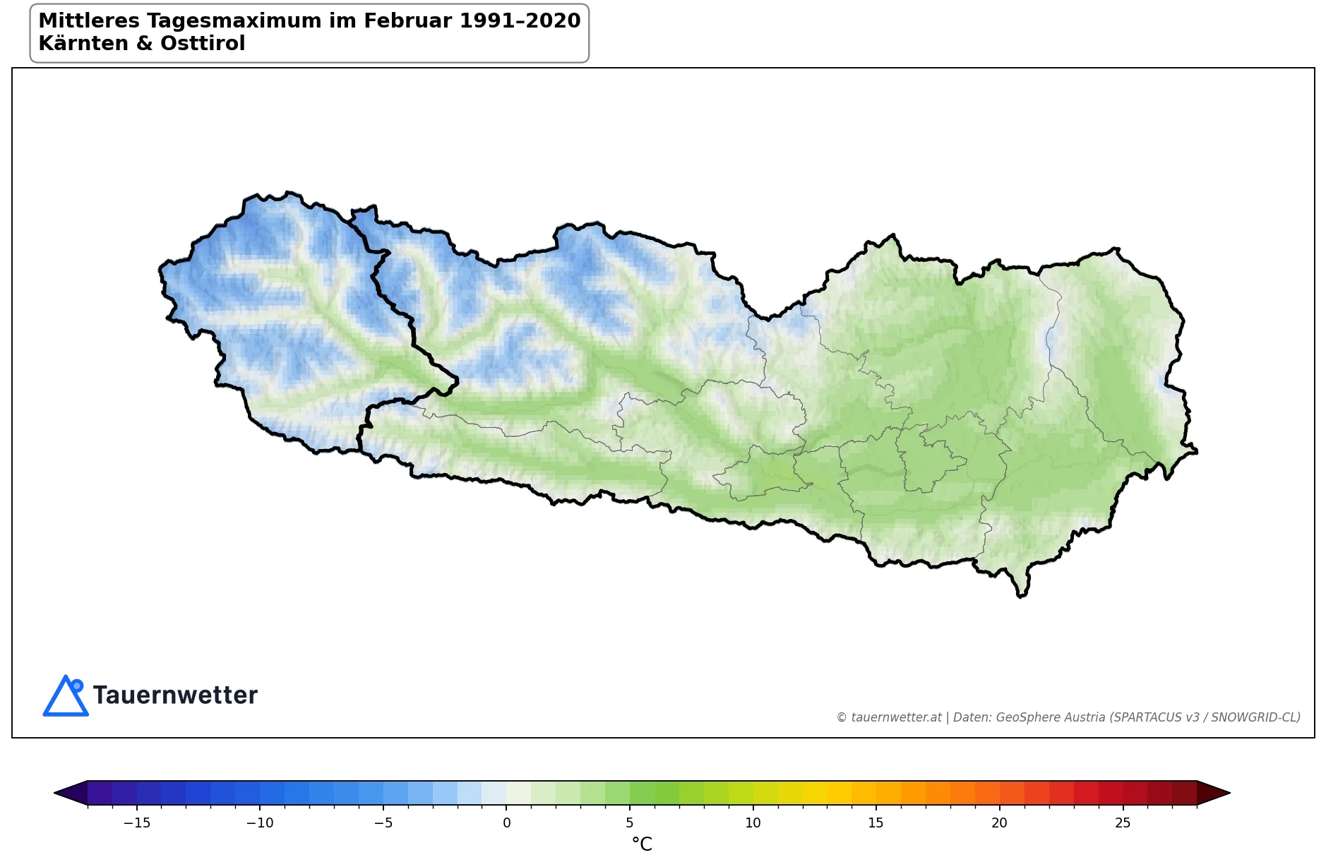 Klimakarte Maximale Temperatur (Tagesmaximum), Februar 1991–2020 in Kärnten und Osttirol