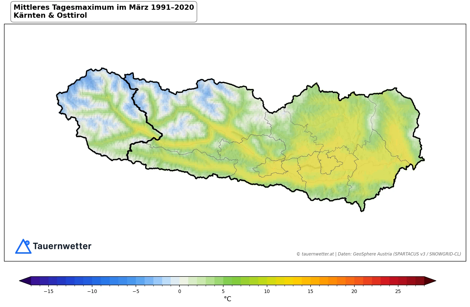 Klimakarte Maximale Temperatur (Tagesmaximum), März 1991–2020 in Kärnten und Osttirol