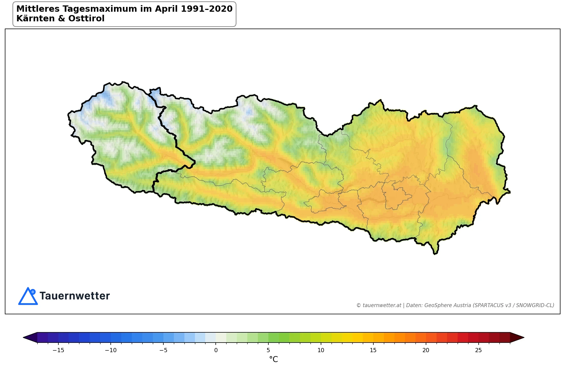 Klimakarte Maximale Temperatur (Tagesmaximum), April 1991–2020 in Kärnten und Osttirol