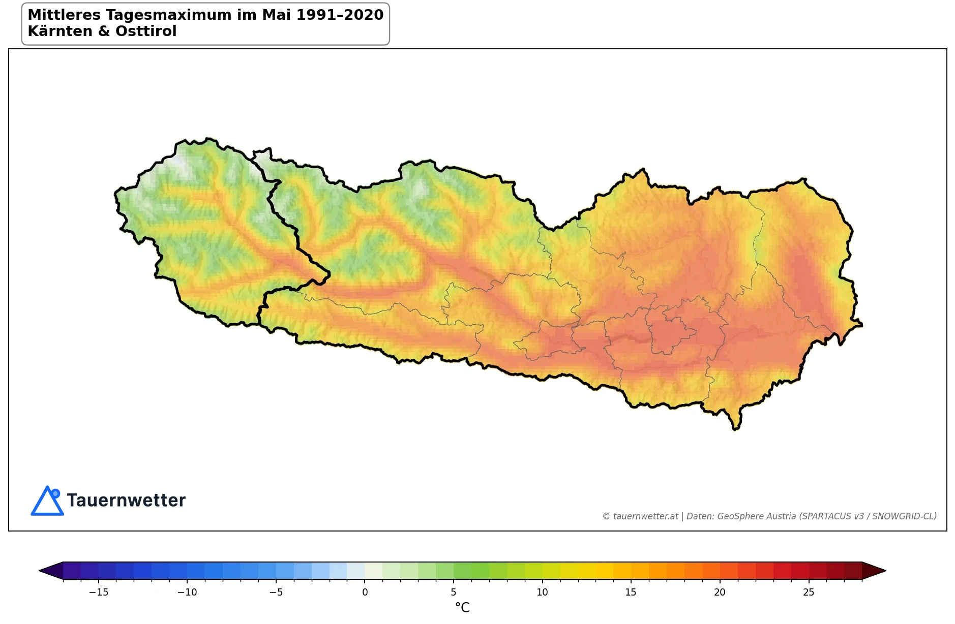 Klimakarte Maximale Temperatur (Tagesmaximum), Mai 1991–2020 in Kärnten und Osttirol