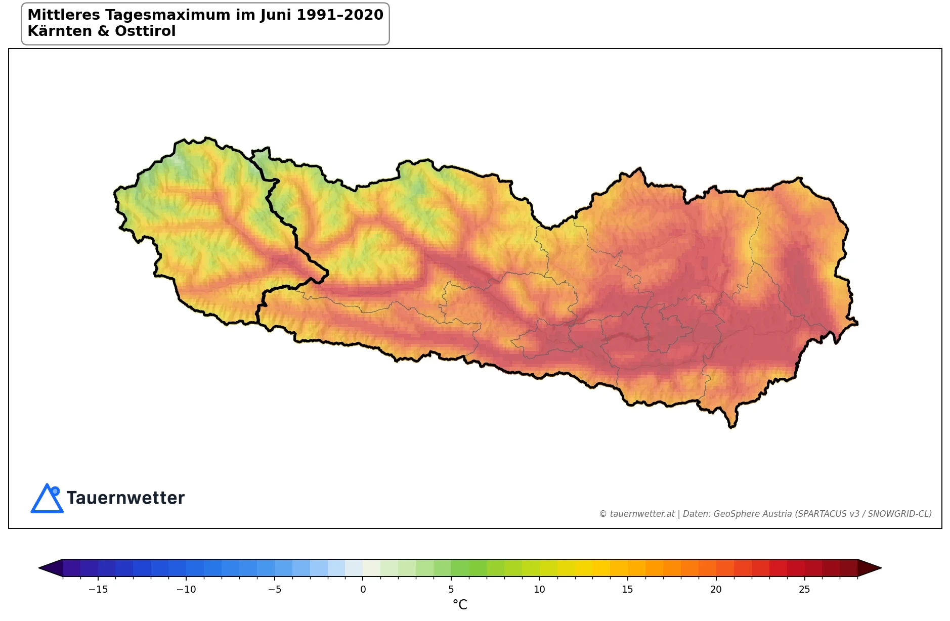 Klimakarte Maximale Temperatur (Tagesmaximum), Juni 1991–2020 in Kärnten und Osttirol