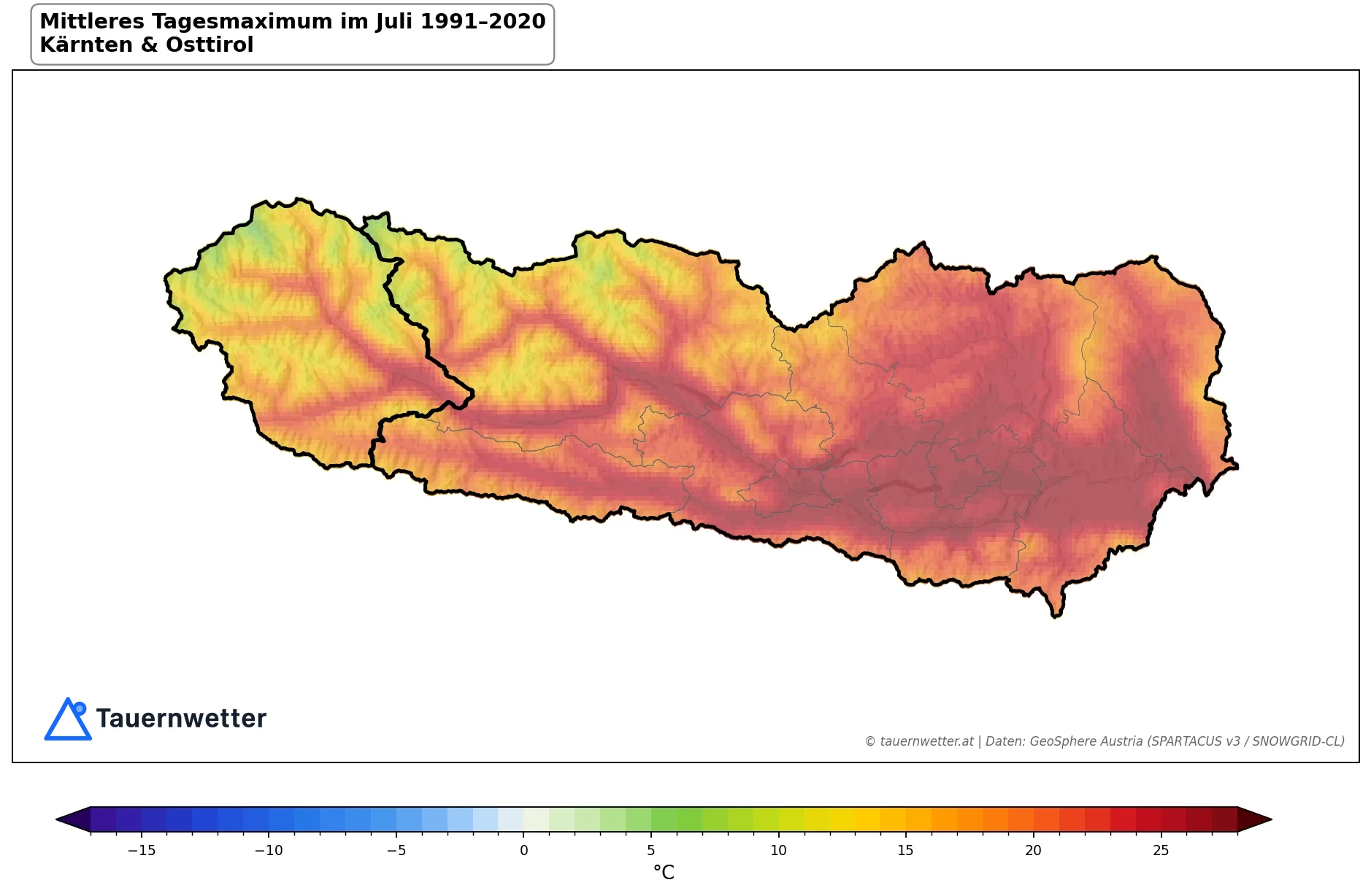 Klimakarte Maximale Temperatur (Tagesmaximum), Juli 1991–2020 in Kärnten und Osttirol